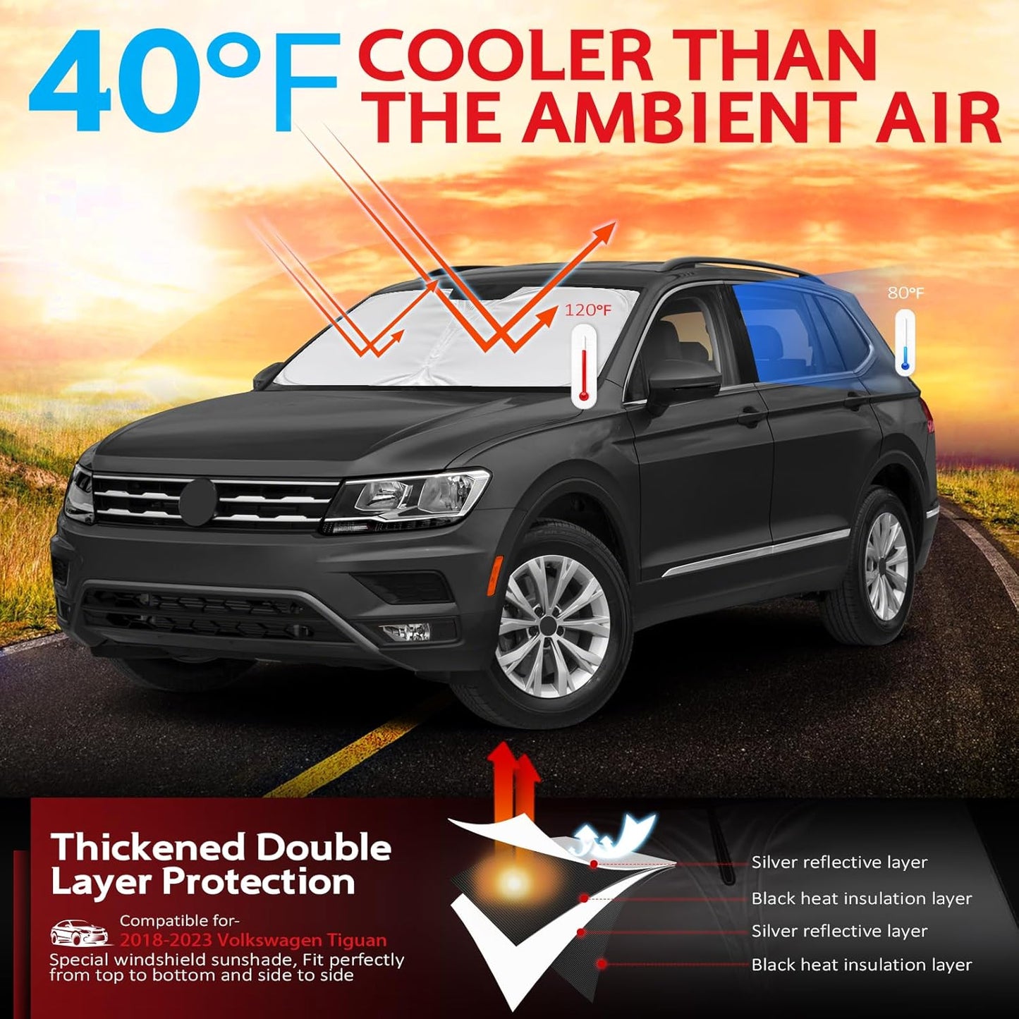 KAYZT Windshield Sun Shade for 2018-2025 Volkswagen VW Tiguan Foldable Sunshade SUV Front Window Custom Fit Car Accessories