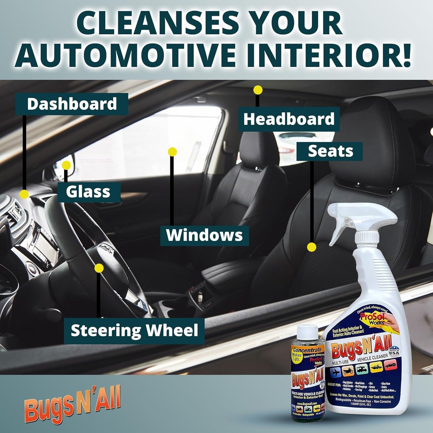 Bugs N’ All Multipurpose Car Cleaner & Degreaser - Bug & Tar Remover Concentrate 4 oz - Exterior Cleaner Safe for Car Paint, Metal, Chrome, Aluminum, Windows & Mirrors - w/Free 32 oz Spray Bottle