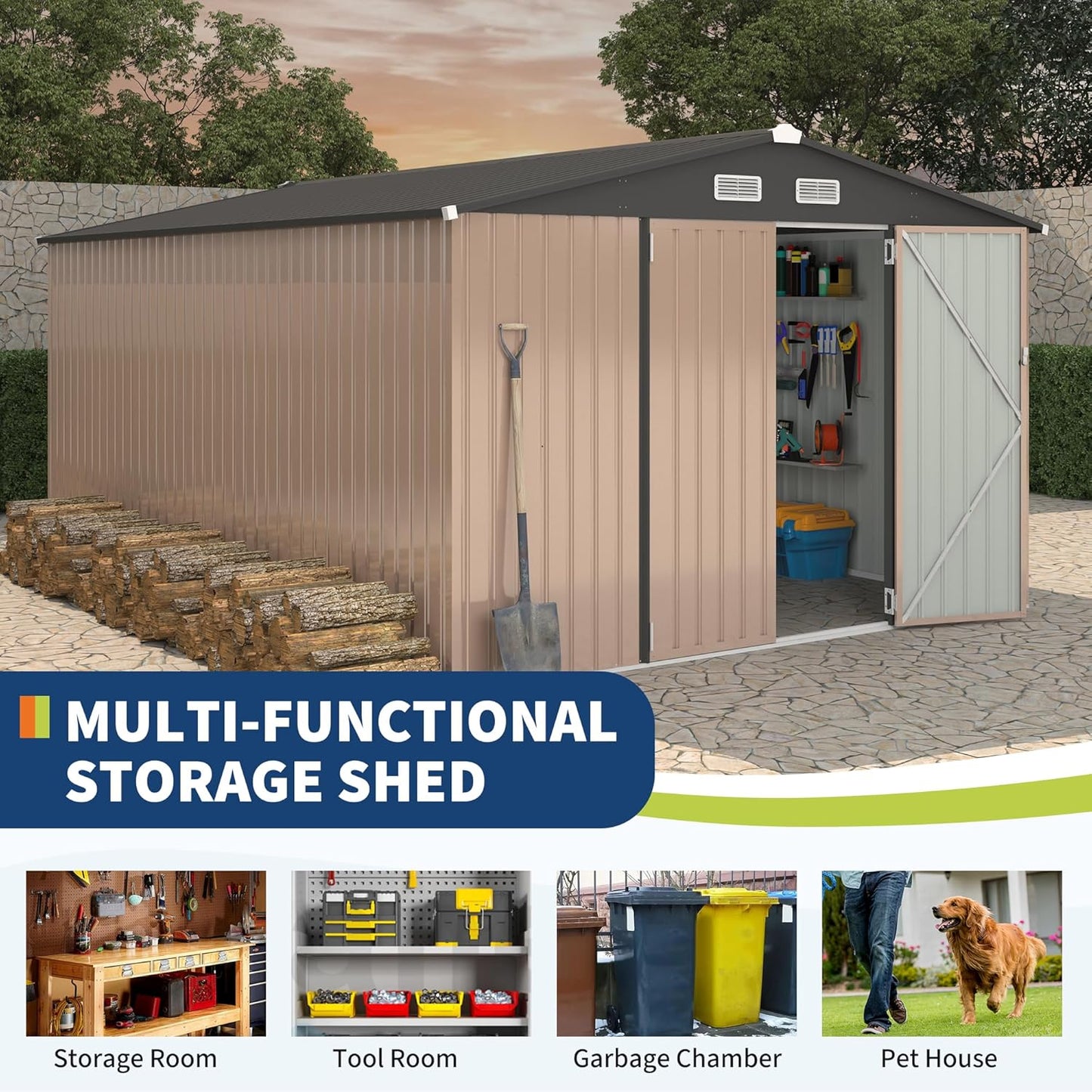 10x14x6.4 FT Outdoor Storage Sheds, Metal Garden Tool Shed for Backyard, Large Metal Sheds Outdoor Storage With Lockable Doors & Air Vents for Backyard Garden Patio Lawn