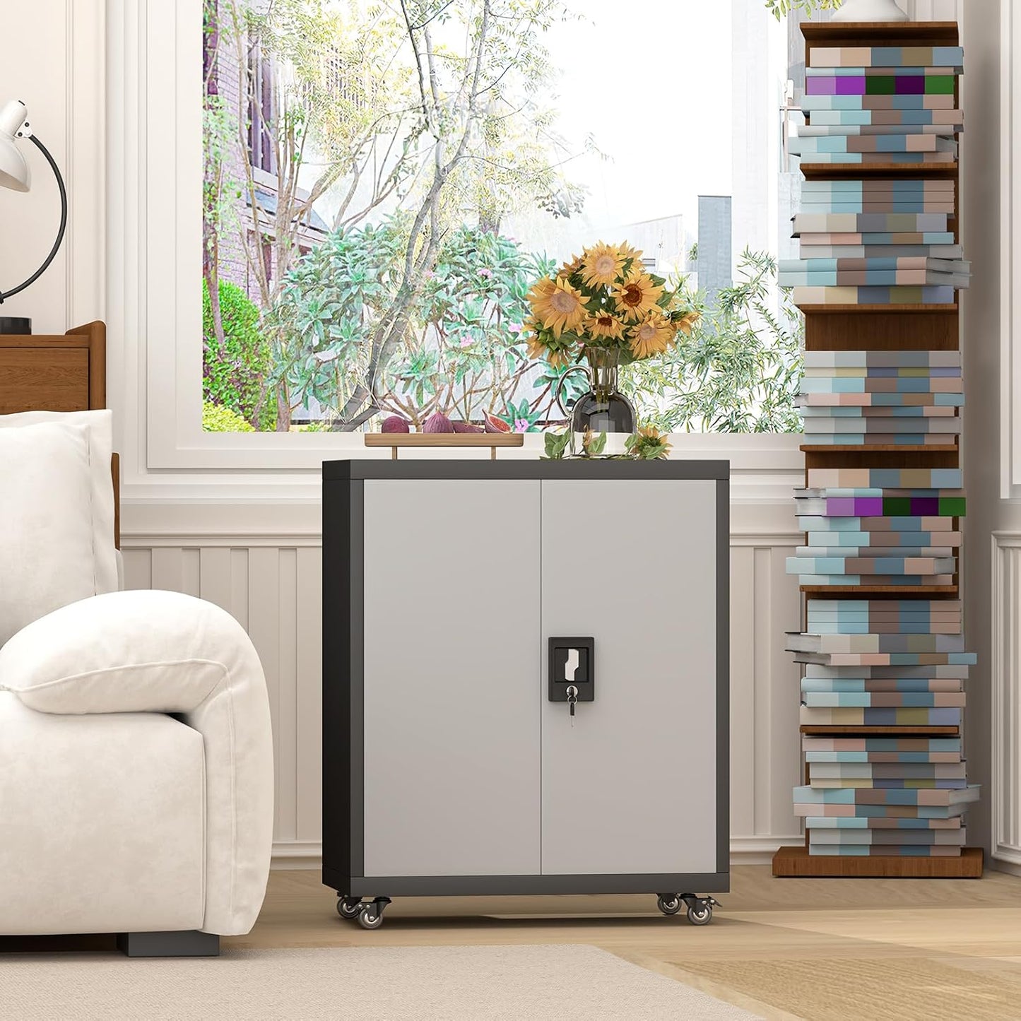 GREATMEET Garage Cabinets with Wheels,Small Storage Cabinet with Doors and Adjustable Shelves，Locking Metal Garage Storage Cabinets for Home Office Utility Room