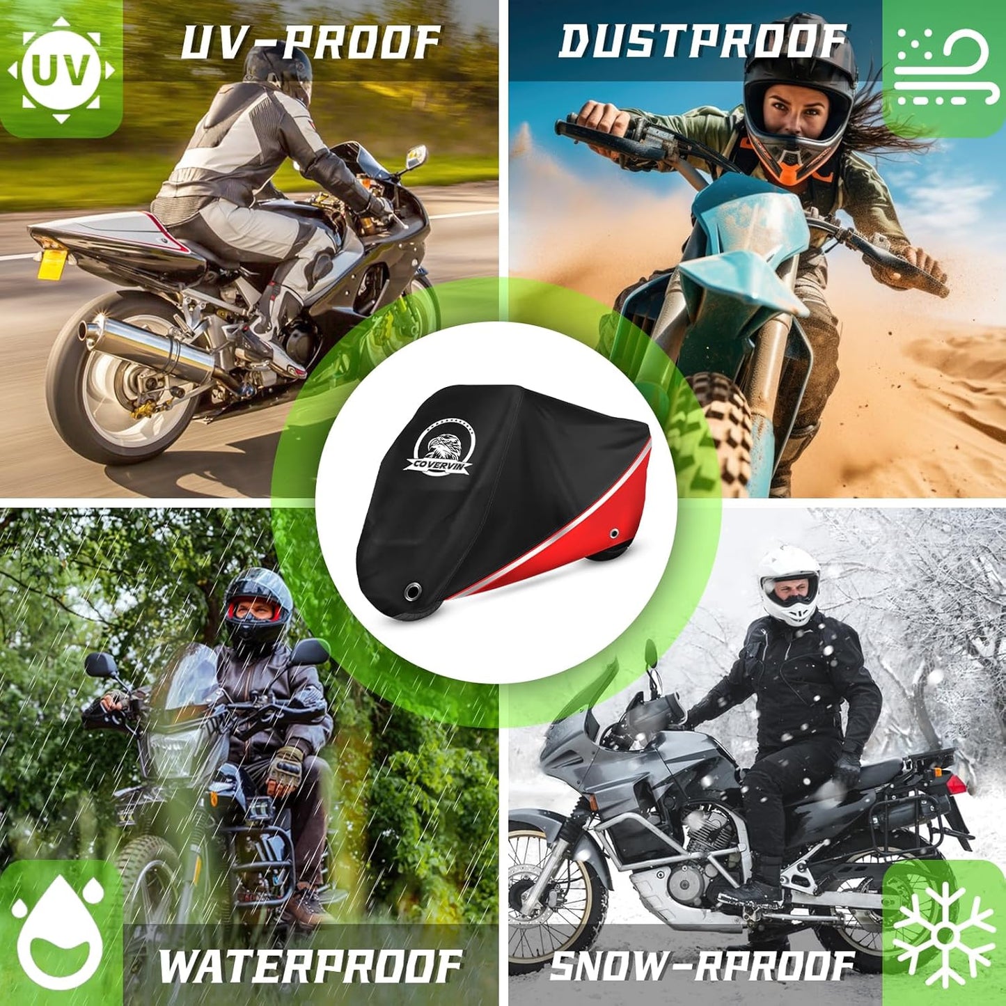 COVERVIN Motorcycle Cover, All Weather Outdoor Waterproof Night Protection with Reflective Strips, Locking Holes and Storage Bag for 96 Inch Suzuki, Kawasaki, Honda, Harley-Davidson(Red XL)