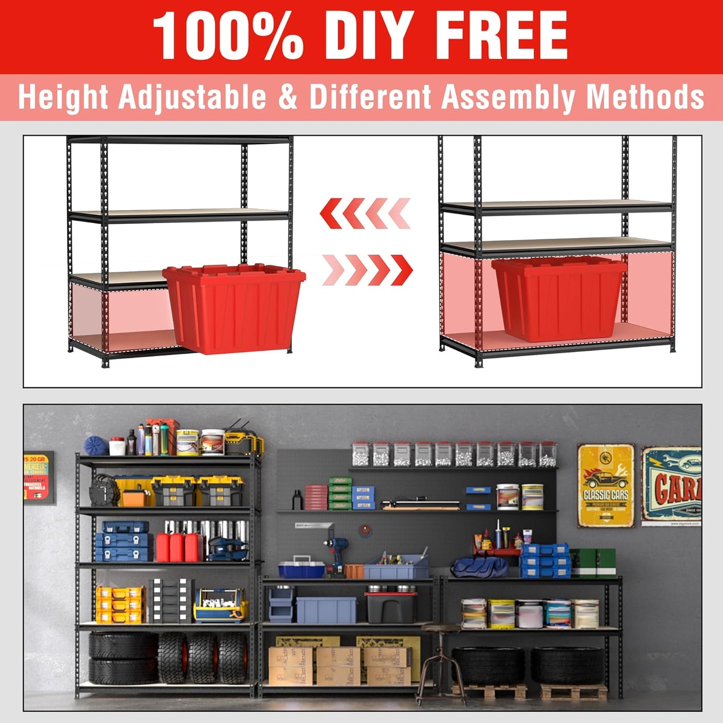 WORKPRO 5-Tier Metal Storage Shelving Unit, 36”W x 18”D x 72”H, Adjustable Storage Rack Heavy Duty Shelf with Particle Board, 4000 lbs Load Capacity (Total) for Garage Warehouse, Black/Silver