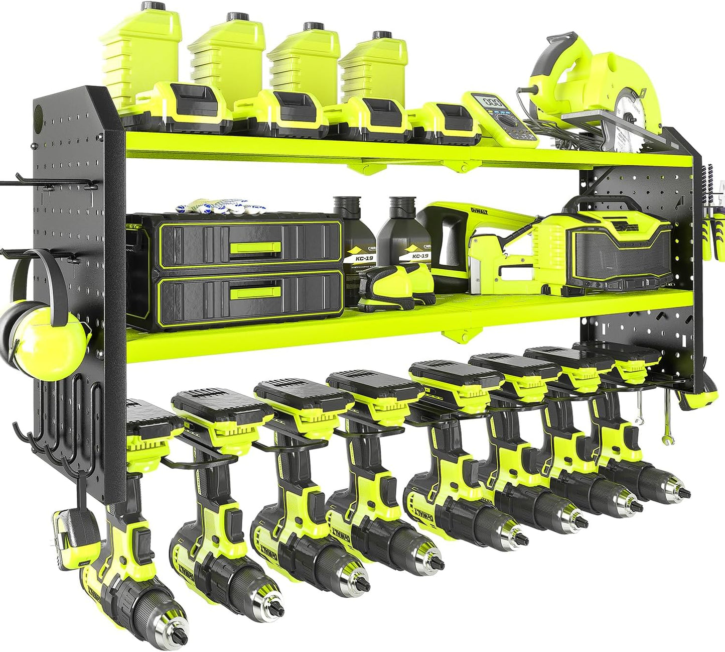 KAFAHOM Power Tool Organizer, Large 8 Drill Holder Wall Mount with 2 Side Pegboards, Heavy Duty Metal Tool Shelf with 12 Hooks, Storage Rack for Garage Organization, Utility Battery Shelves - Green