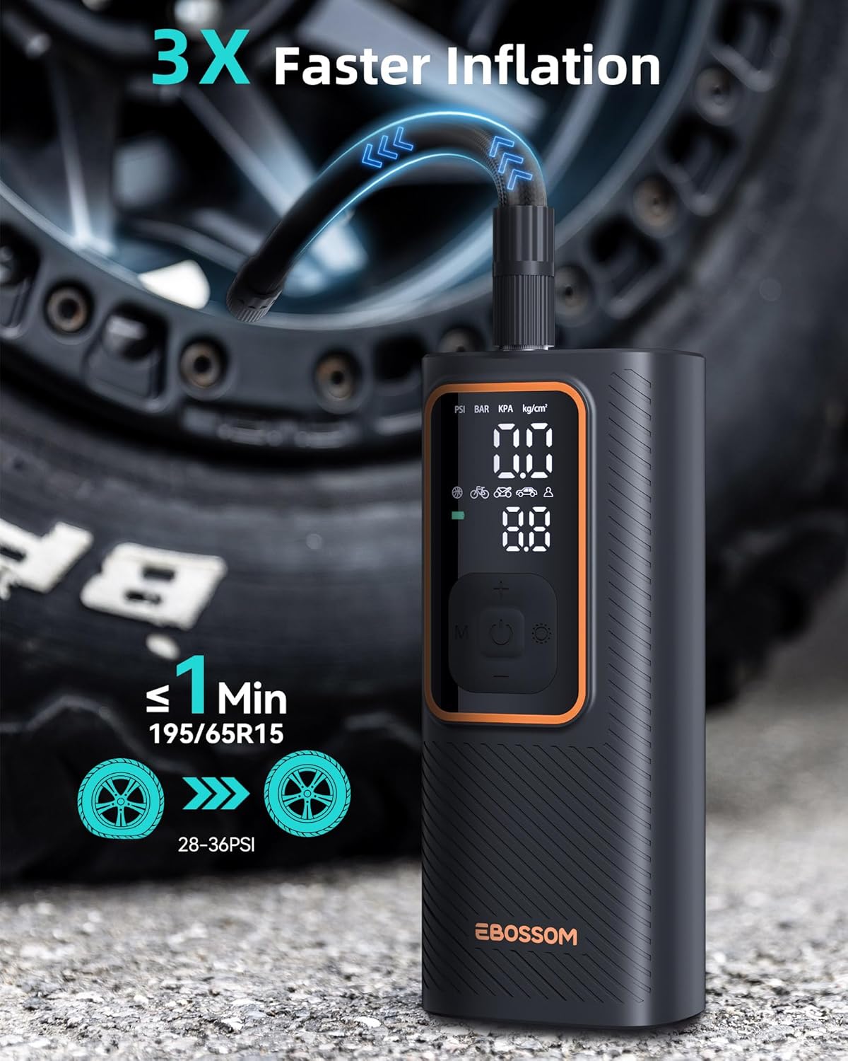 Tire Inflator Portable Air Compressor, Car Air Pump with Pressure Gauge, 150 PSI Cordless Tire Inflator Rechargeable with Display & LED for Car, Motocycle, Bikes, Balls, Swim Ring