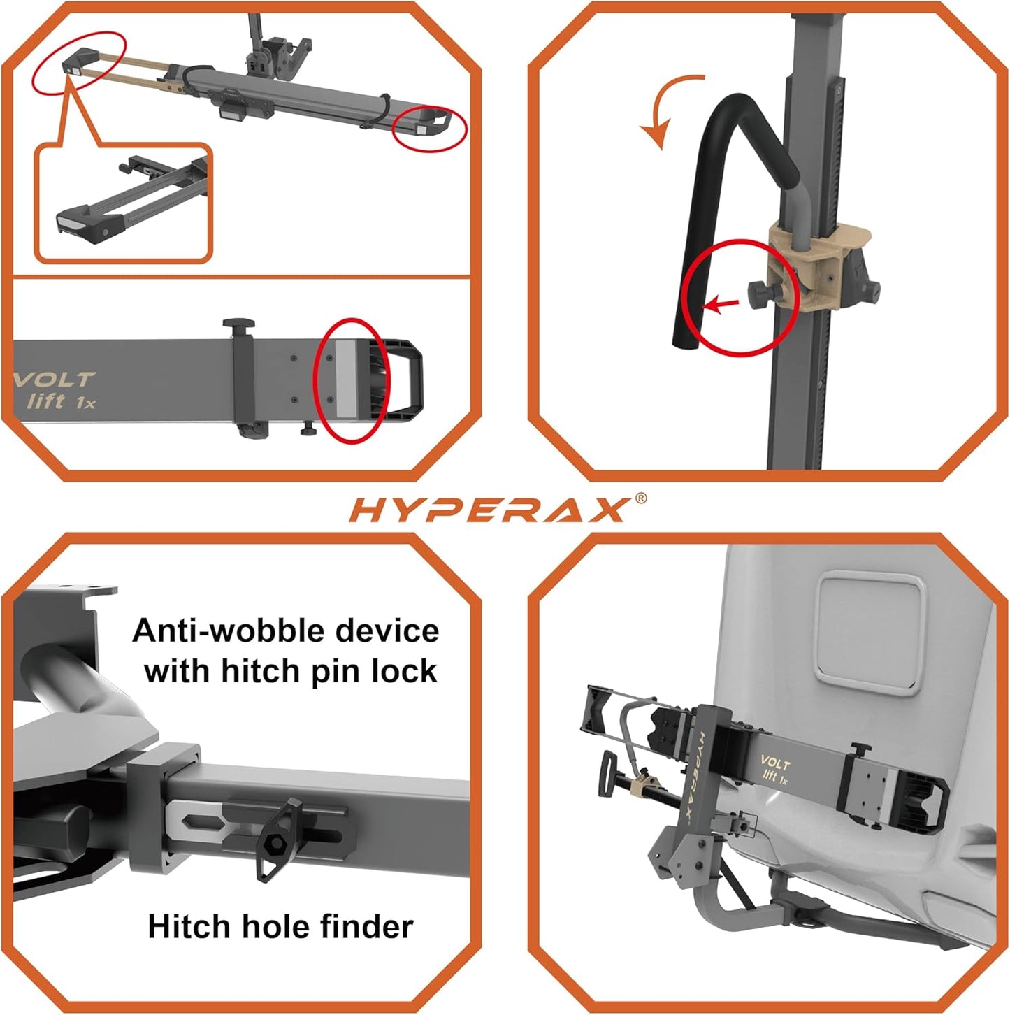 HYPERAX Patented Lift Assisted Volt Lift 1x RV Rated Hitch Mounted 2 E Bike Rack Carrier Up to 1X 80lbs eBikes with Up to 5" Fat Tires for RV and SUV