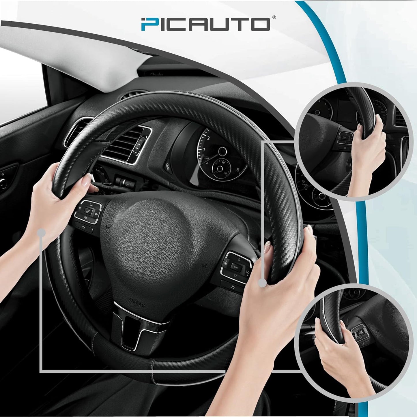 PIC AUTO Steering Wheel Cover, Gray Piping Leather, Sports Carbon Fiber and Super Breathable Leather, Universal 14.5-15.5 Inch Anti-Slip Steering Wheels Accessories for Men & Women