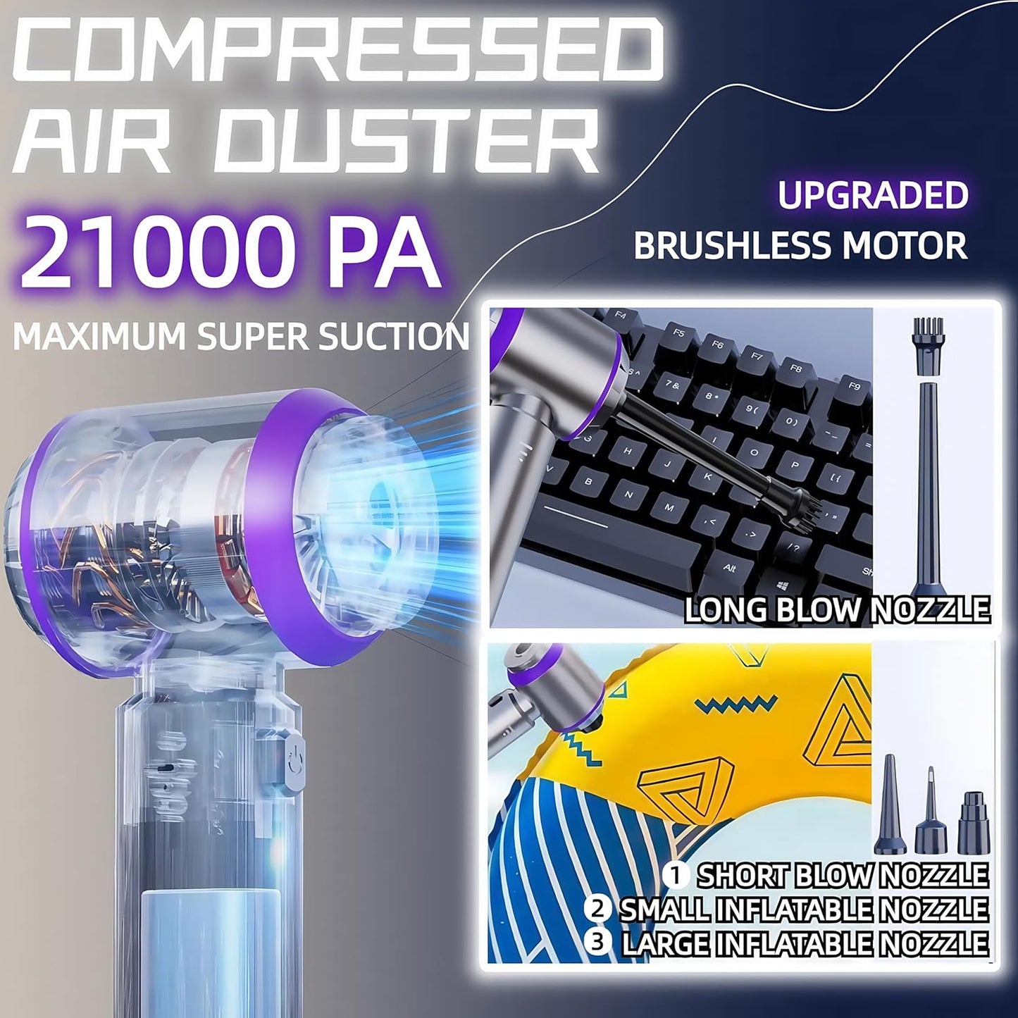 Handheld Car Vacuum Cleaner, 21000PA Rechargeable High Power Cordless Mini Vacuum Cleaner and Blower 4-in-1 with 3 Gear, Vacuum with Brushless Motor for Car, Home, Office, PC