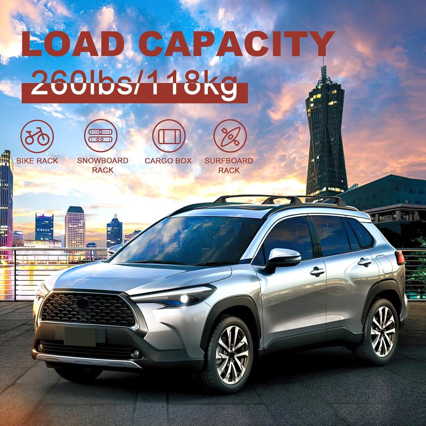 KINGGERI 260Lbs Lockable Roof Rack Cross Bars Compatible with Toyota Corolla Cross 2022 2023 2024 2025 (with Flush Side Rails), Heavy Duty All Aluminum Rail Crossbar Anti-Theft Metal Matte Coated