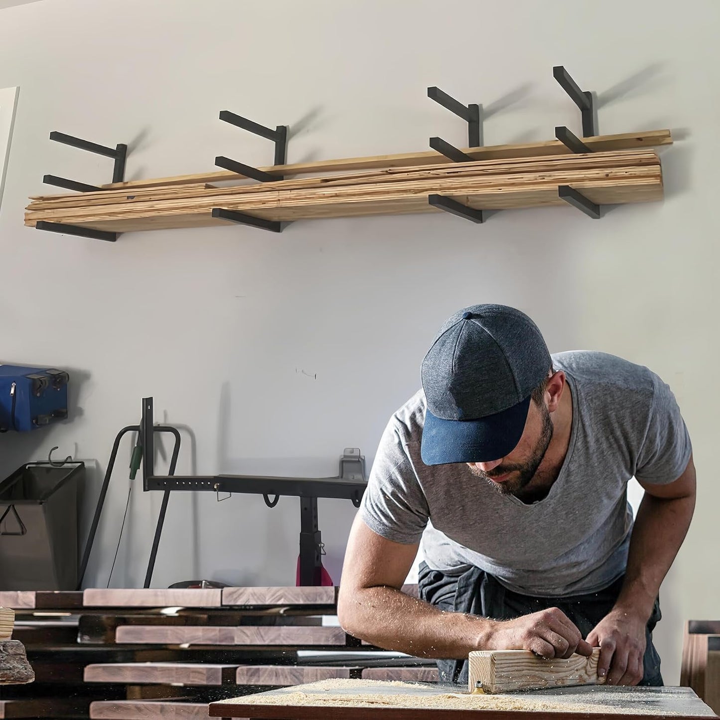 Wood Storage Racks with 3 Level, Garage Organizer Lumber Storage Rack Wall Mounted, Workshop Organizers Wood Wall Shelving, Lumber Metal Racks for Garage, Basement, Indoor and Outdoor (Black-4 Pack)
