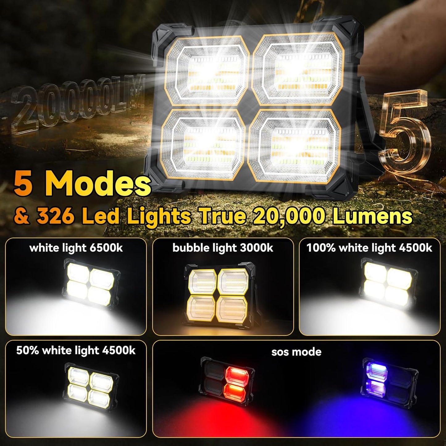 200W Led Work Light Rechargeable,20000MAh Solar Portable Light, 20000LM Magnetic Work Lights, 326 Led Battery Work Lights with Stand 5 Lights Modes IP66 Waterproof for Outdoor Camping Car Repairing