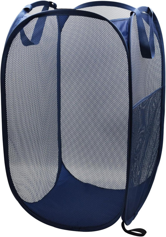 HONOMA Sturdy Mesh Laundry Hamper Basket Bag,Pop up Basket with Side Pocket for Laundry Room, Bathroom, Kids Room, College Dorm or Travel (Pop Vertical, Navy Blue)