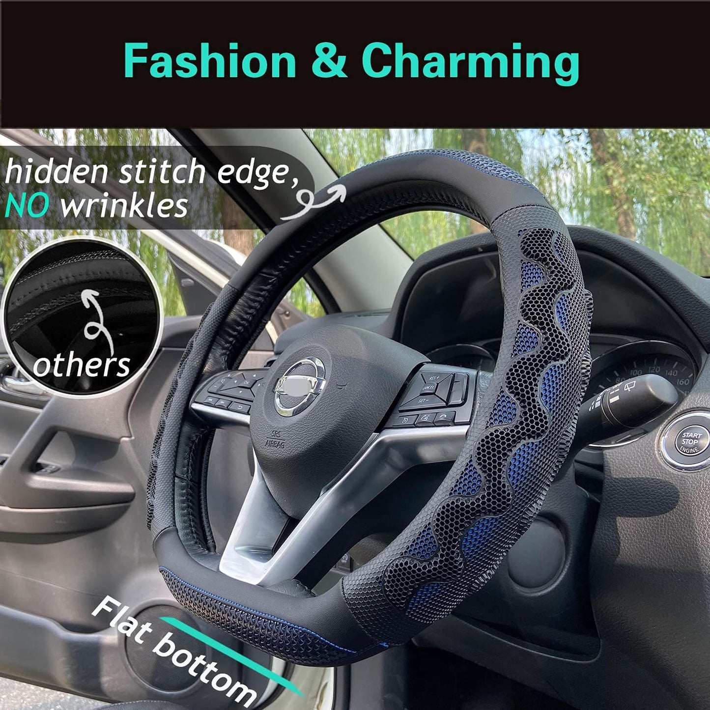 PINCTROT D Shaped 14 Inch Small Sized Steering Wheel Cover Great Grip with 3D Honeycomb Anti-Slip Design, Flat Bottom 14 Inch (Blue)