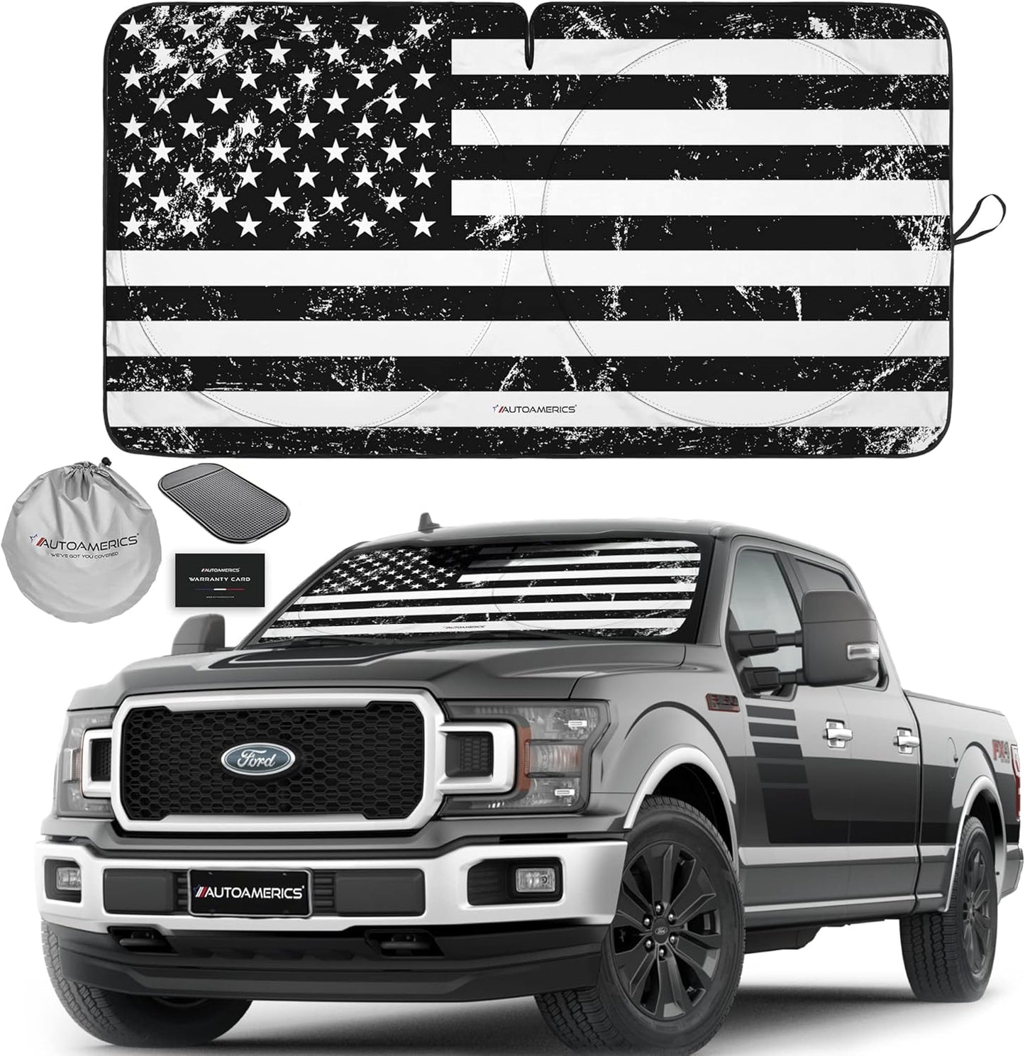 Autoamerics Truck Windshield Sun Shade with Storage Pouch & Anti-Slip Dash Pad - Foldable Grunge B&W USA Flag Design - Fits Most SUVs & Trucks - Reflective 230T Material | X-Large (66 x 36 inches)