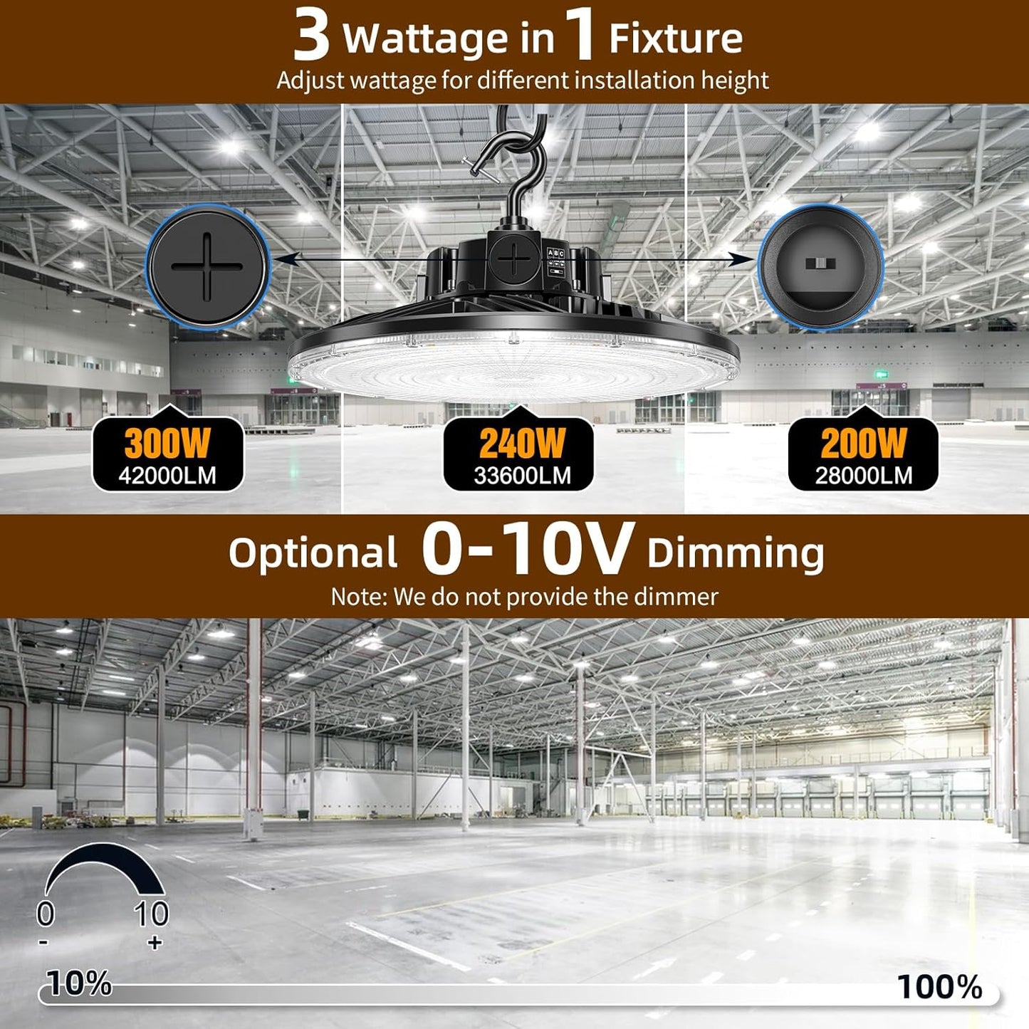 6 Pack 480V LED High Bay Light UL DLC Listed UFO Light 300W 240W 200W Adjustable, Dimmable High Bay LED Shop Lights 5000K Daylight, IP65 Commercial Bay Lighting for Warehouse Factory