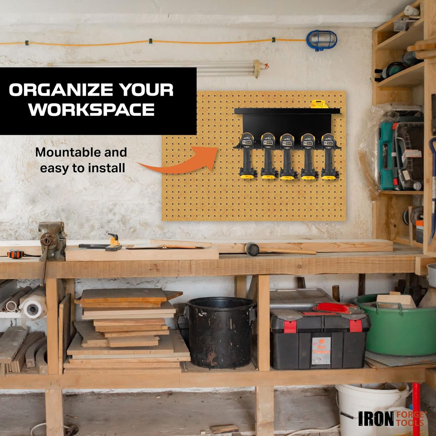 Power Tool Organizer for Shop & Garage, Heavy Duty Wall Mounted Rack With Storage & 5 Drill Storage Slots - For Workshop Organization