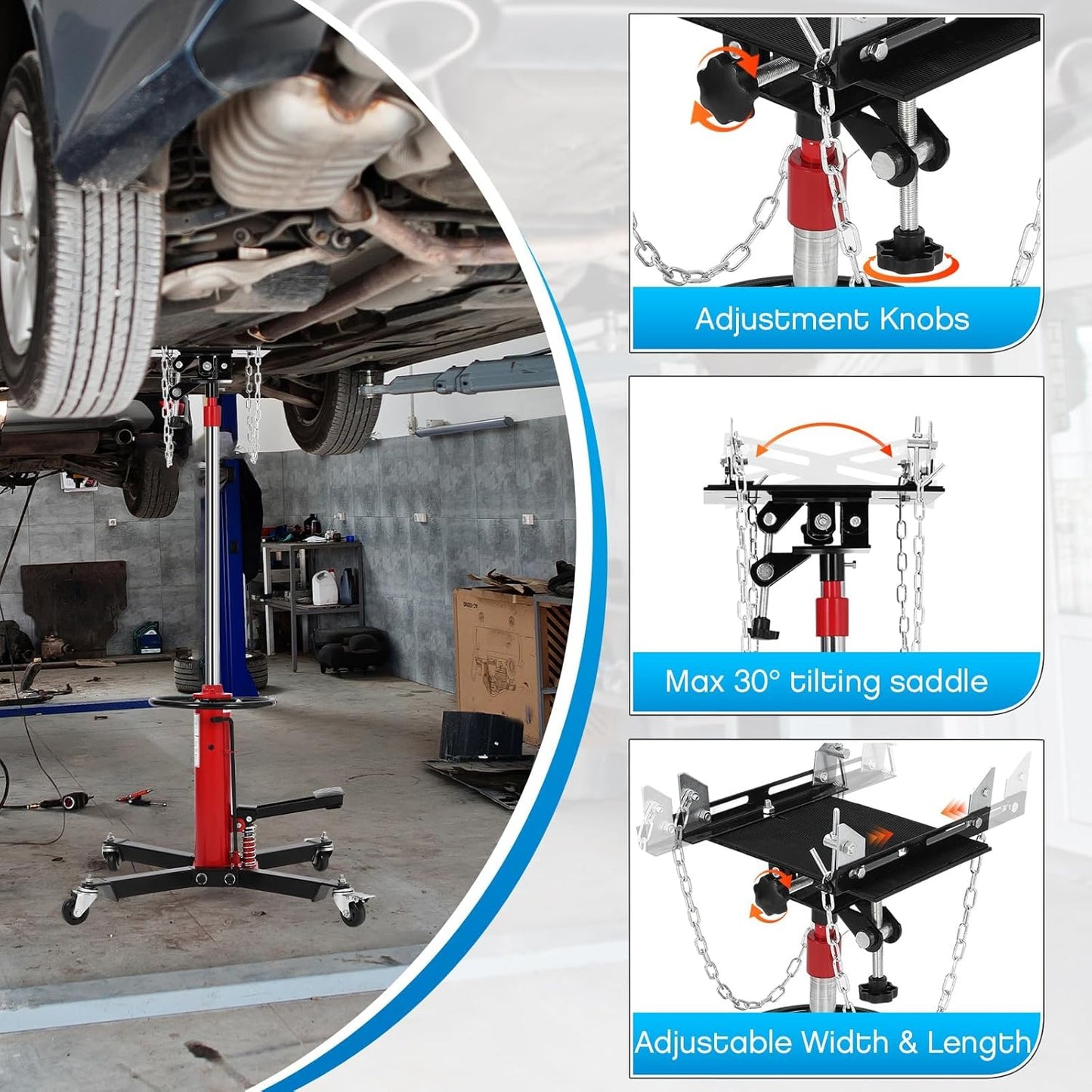 Transmission Jack, 1100LBS (1/2 Ton), Hydraulic Telescoping Transmission Jack, 32"-67" Transmission Jack Stand with Foot Pedal & 360° Swivel Wheels for Garage and Car Lifting,