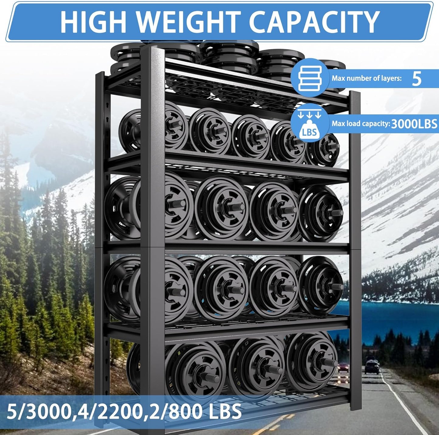 5-Tier Heavy Duty Garage Shelving Unit with Wire Shelves,3000 LBS Capacity Metal Storage Rack 72"H x 48"W x 20"D,Adjustable Boltless Steel Shelves for Garage,Basement,Pantry,Warehouse.4 Pack