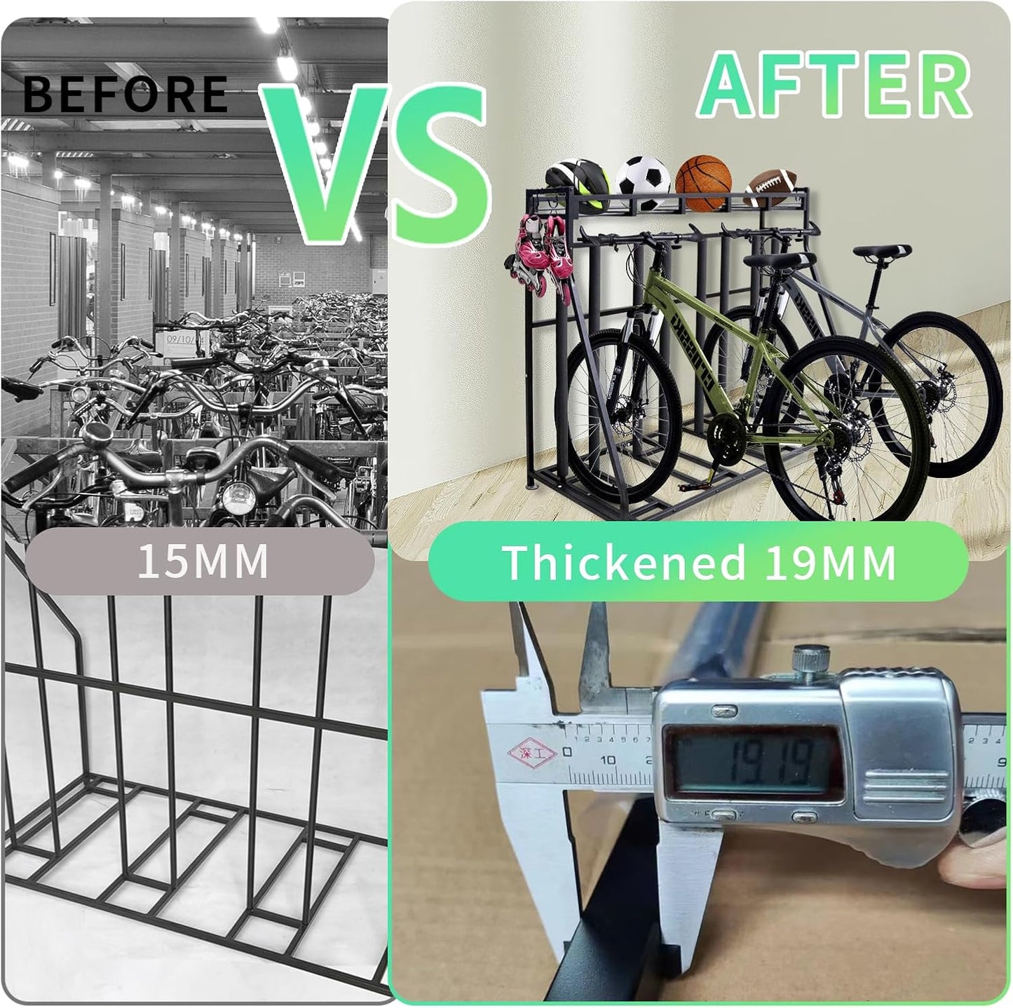 4 Bike Stand Rack with Storage – Bike Rack Floor Stand- Garage Organizer - 2024 Upgrade Tube Diameter 19mm with 8 Sponge Columns - Indoor Bike Storage for Parking Road, Mountain, Hybrid or Kids Bikes