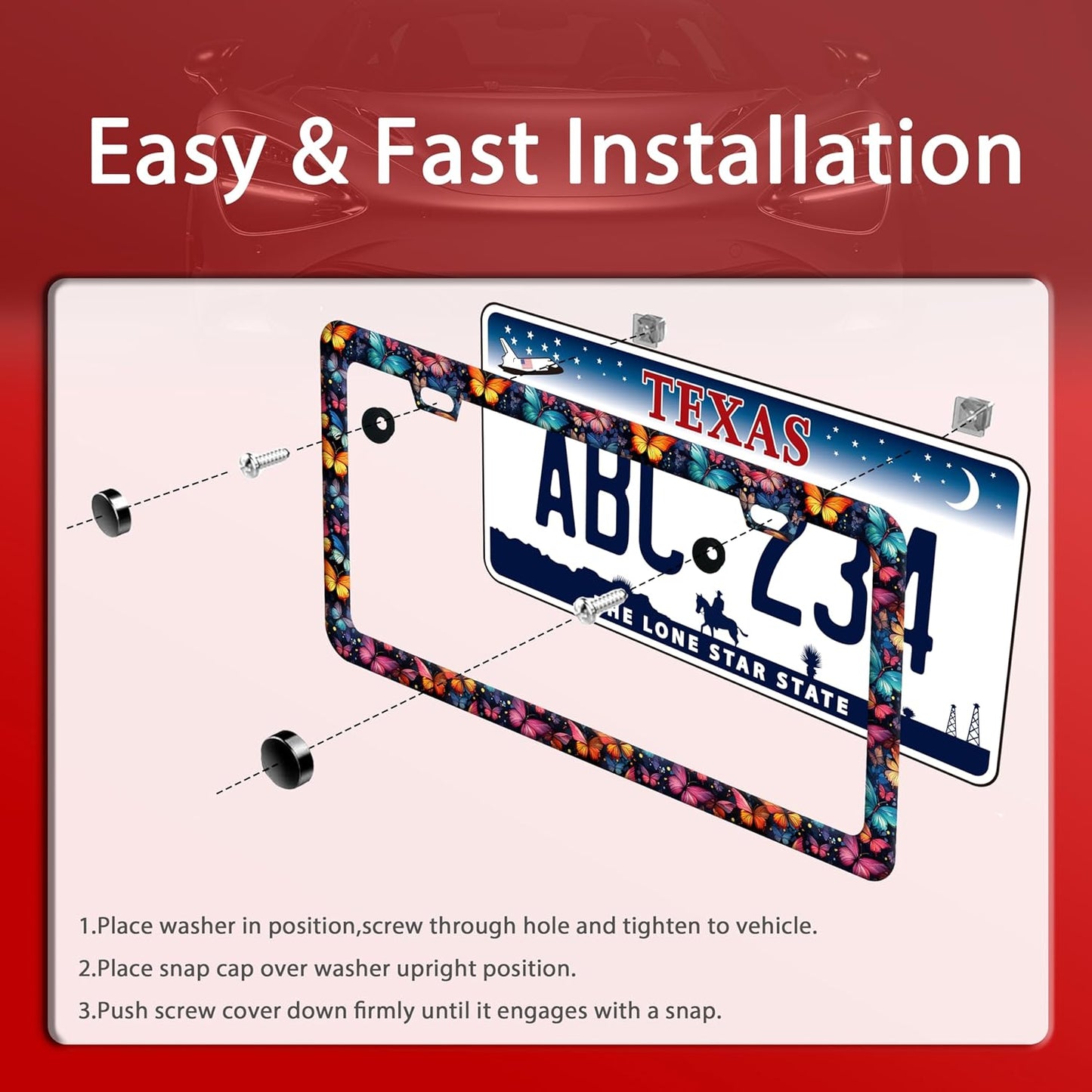 Butterfly License Plate Frame Funny Colorful License Plate Frames Stainless Steel Accessories Cars Decor with 2 Holes and Screws Fits Standard Us Ca Vehicles License Plate Holder 12.2 X 6 Inch