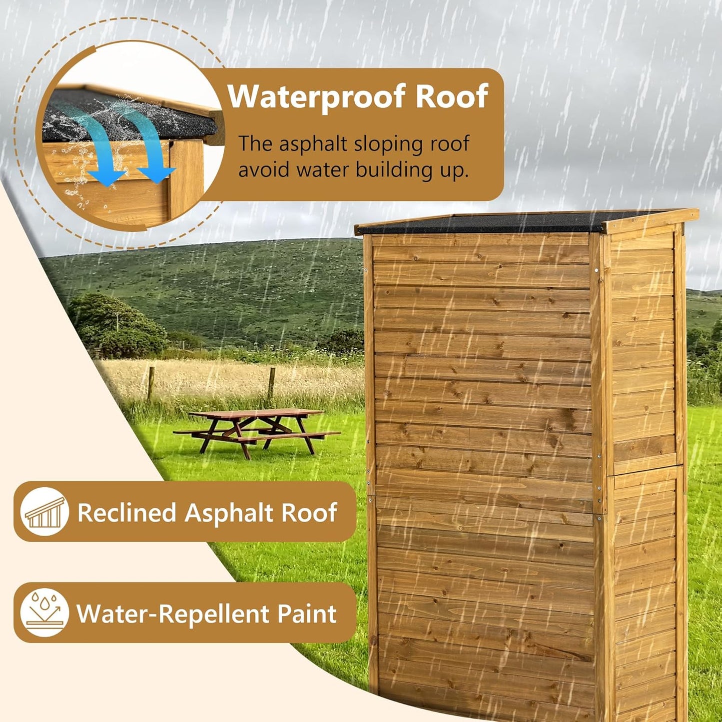 63 "H x 34.25 "L x 18.5 "W Vertical Garden Shed for Patio,Outdoor Wooden Storage Cabinet with Waterproof Roof, 2 Removable Shelves, and Adjustable Feet, Yard, and Garage,Natural Wood