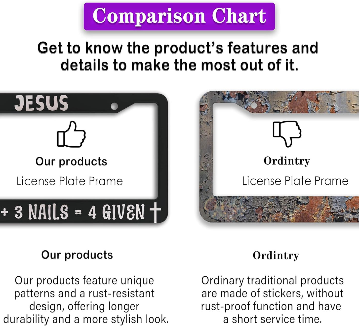 Fun License Plate Frame Cover Black and White License Plate Frames Jesus 1 Cross 3 Nails 4 Given Universal Aluminum Car Accessory 2 Pack with Screw Covers Set