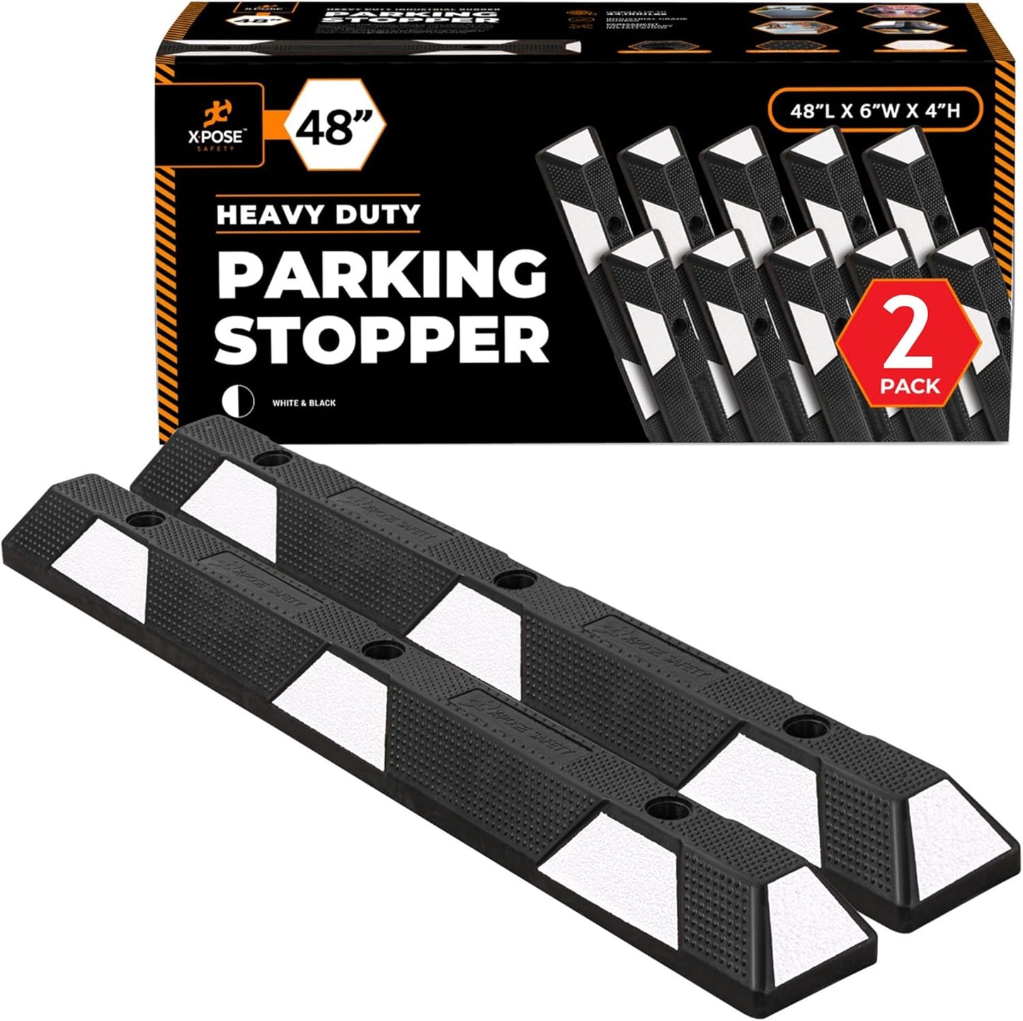 Xpose Safety 48" Heavy Duty Rubber Parking Stopper – 2 Pack Wheel Blocks for Garage, Driveway, or Ramp – Car Bumper Stop with White Reflective Strips – Removable Floor Mount