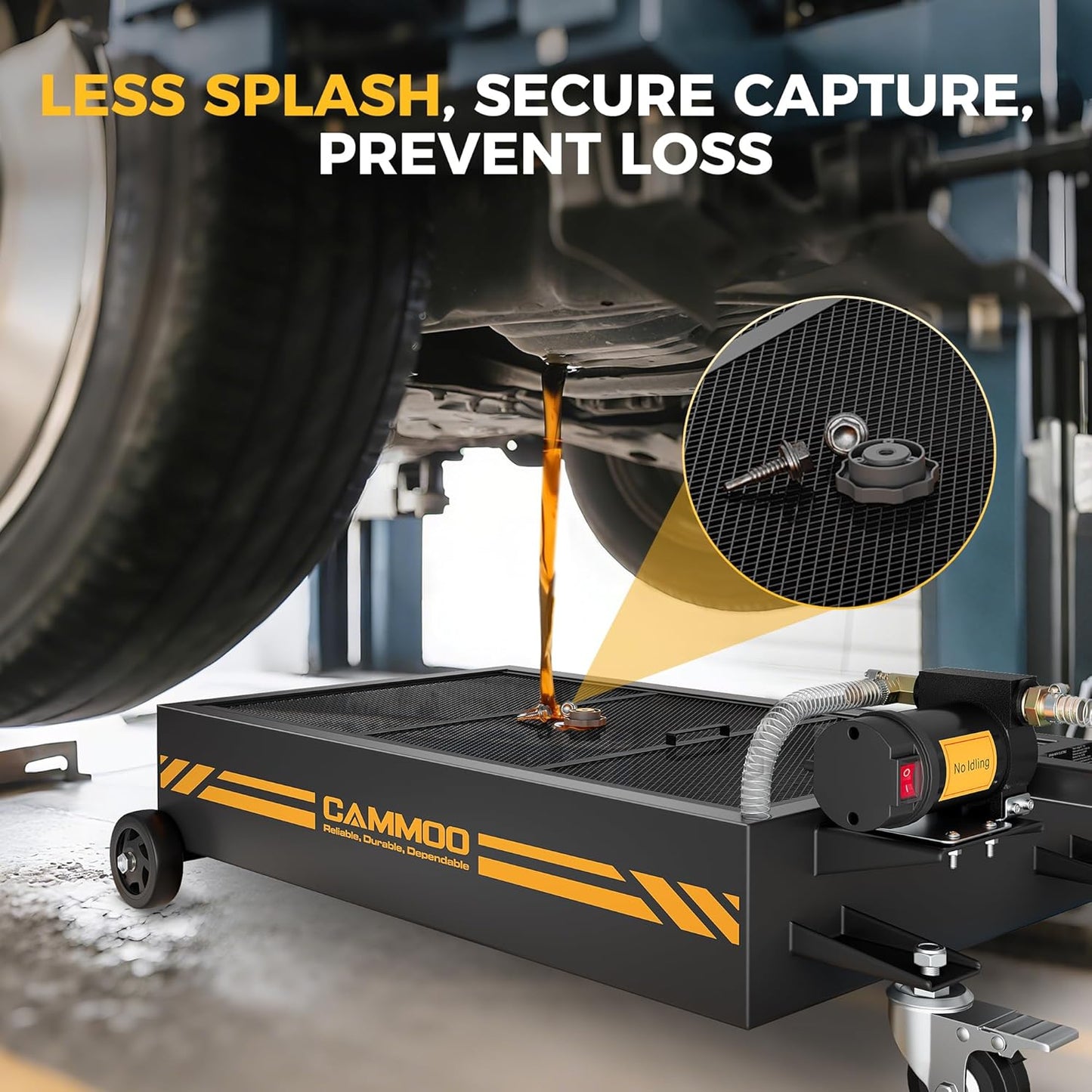 15 Gal Electric Oil Drain Pan, 110V High-Flow Pump, 9.8 FT Hose, 200 W Motor, 2 Locking Swivel Casters and 2 Directional Wheels Stable, Folding Handle, Heavy-Duty for Trucks, RVs, SUVs, Black