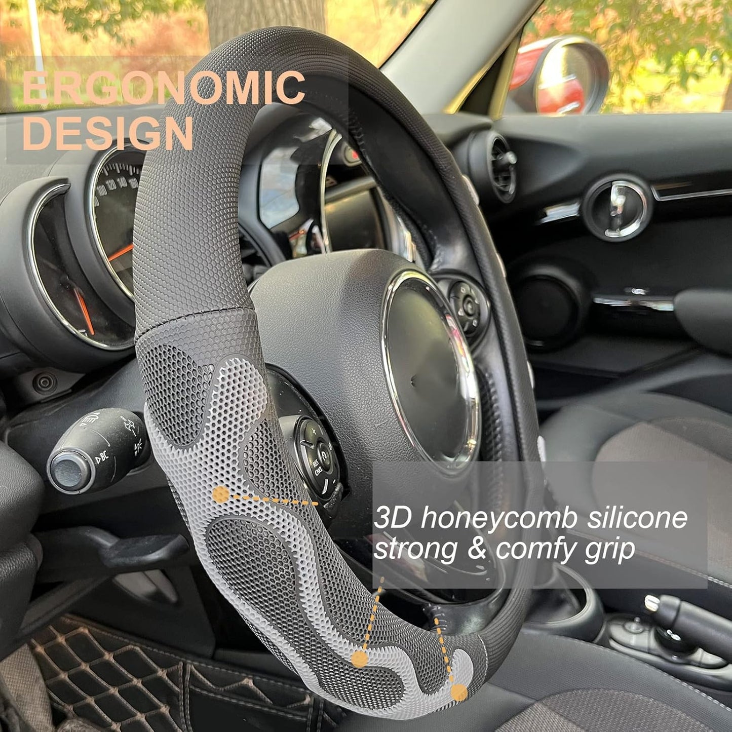 PINCTROT Large Size Comfy Grip Steering Wheel Cover, Anti-Slip Design, 15.5-15.75 Inch(Silicone Gray)