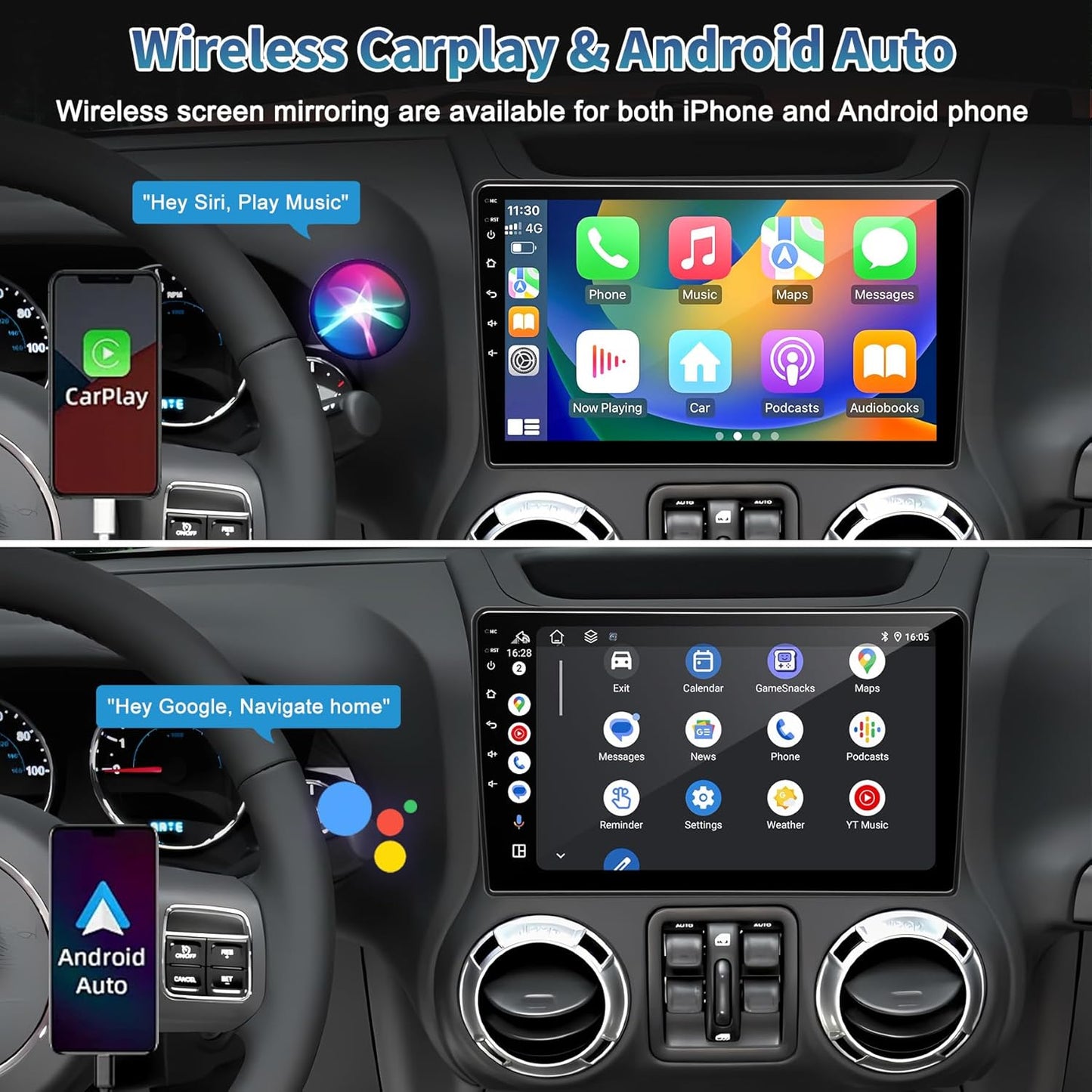 Car Radio Stereo for Jeep Wrangler JK 2007-2018 Dodge Ram 1500 2500 3500 Grand Cherokee, Android 13 2G+64G with CarPlay Android Auto 10 inch Touchscreen Head Unit, GPS BT WiFi AM/FM, Rear View Camera