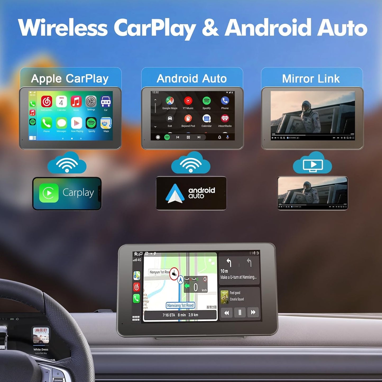【Hieha】 2025 Wireless Portable Carplay and Android Auto, Carplay Screen for Car with Mirror Link/AUX/FM,7" Touchscreen Bluetooth 5.0, Marine Stereos for All Vehicles