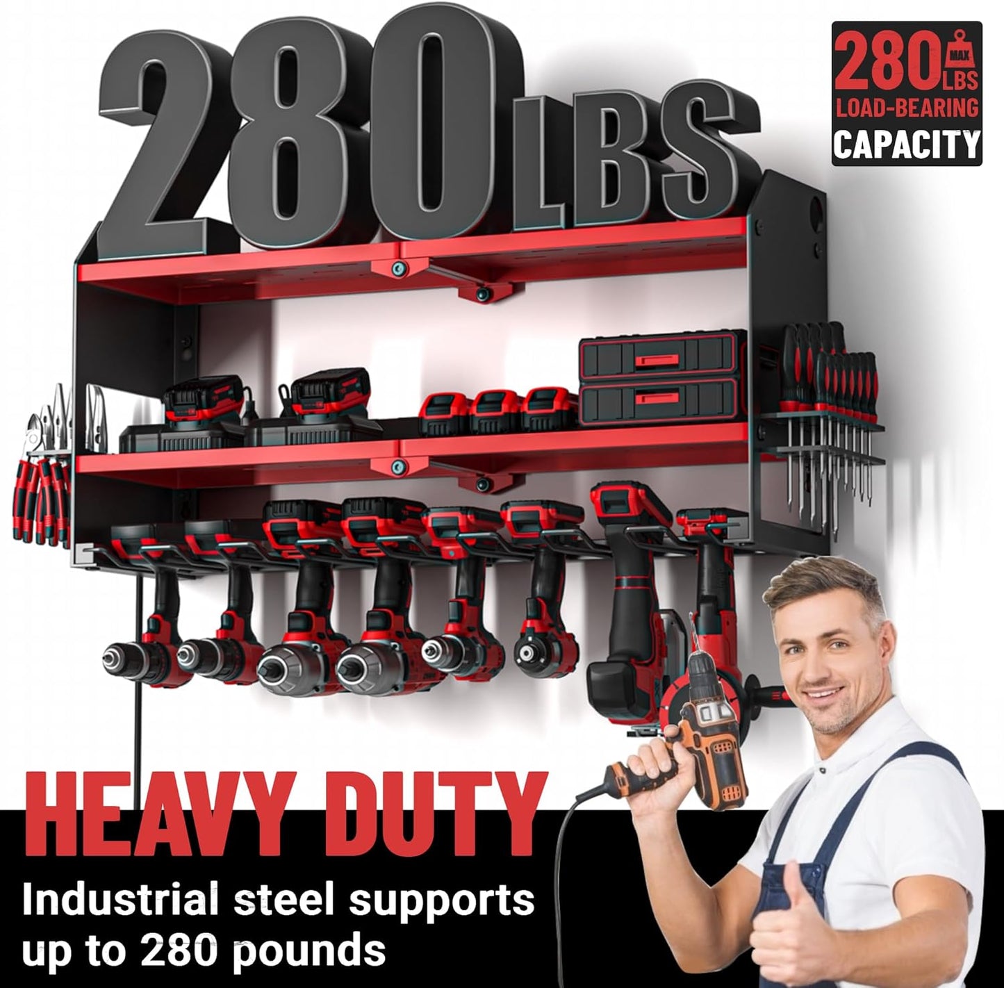 YYR Power Tool Organizer with Charging Station Wall Mount, Cordless Drill and Battery Holder for Garage Organization, Electric Tools Storage Rack Build in Surge Protection Power Strip - Red Shelf