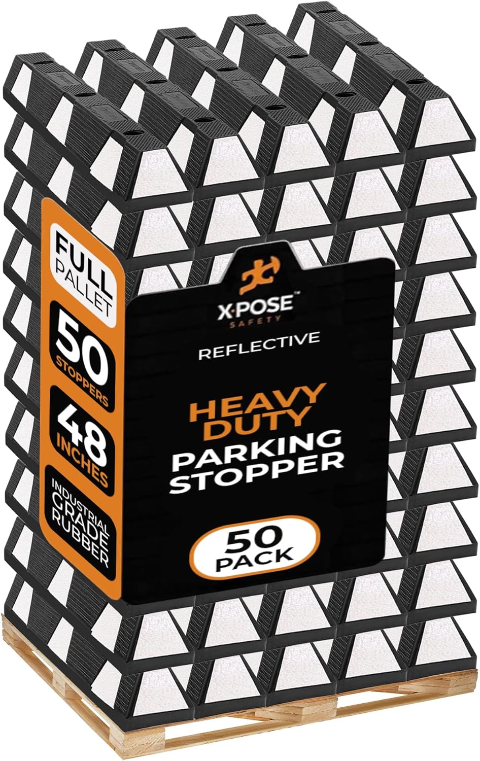 Xpose Safety 48" Heavy Duty Rubber Parking Stopper – Bulk Full Pallet 50 Pack Wheel Blocks for Garage, Driveway, or Ramp – Car Bumper Stop with White Reflective Strips – Removable Floor Mount