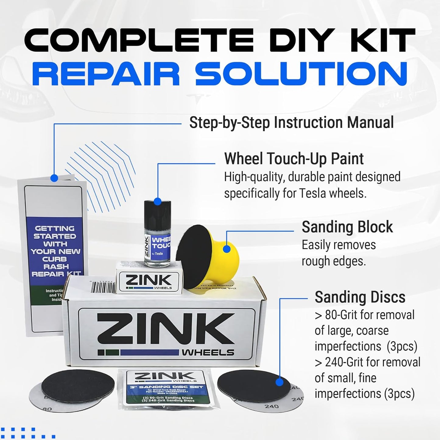 Premium Tesla Wheel Curb Rash Repair Kit for Model X 22-inch Silver Turbine Rims - DIY Kit with Color-matched Touch Up Paint - Made in USA