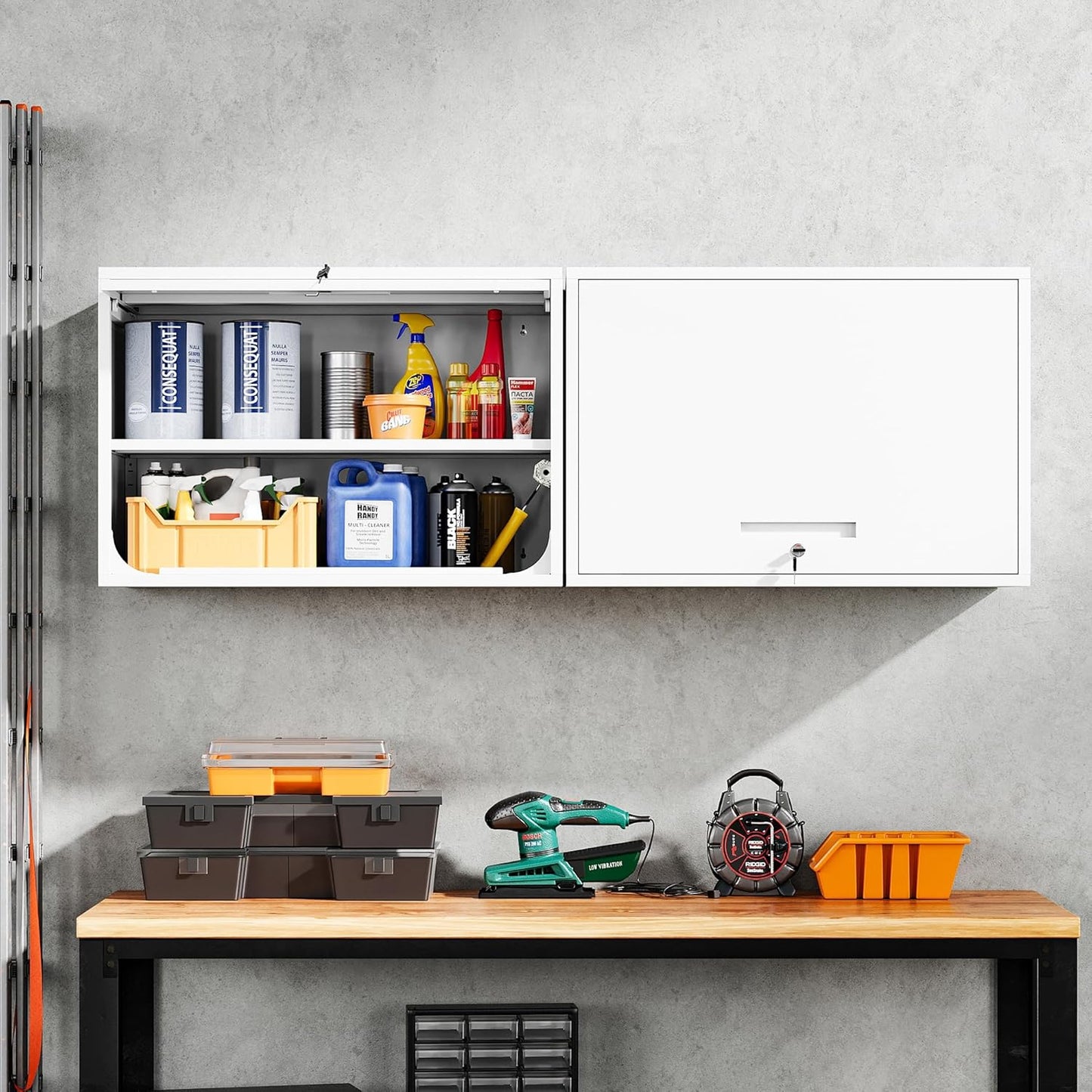 Yizosh Metal Wall Cabinet with Doors and Shelves, Floating Storage Unit for Garage or Basement (White, 21.6" H)