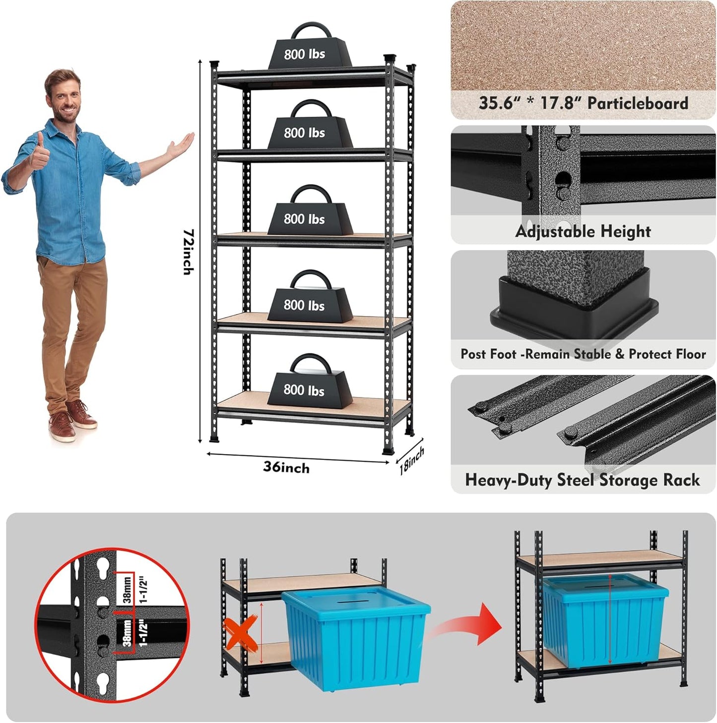 WORKPRO 5-Tier Metal Storage Shelving Unit, 36”W x 18”D x 72”H, Adjustable Storage Rack Heavy Duty Shelf with Particle Board, 4000 lbs Load Capacity (Total) for Garage Warehouse, Pack of 2