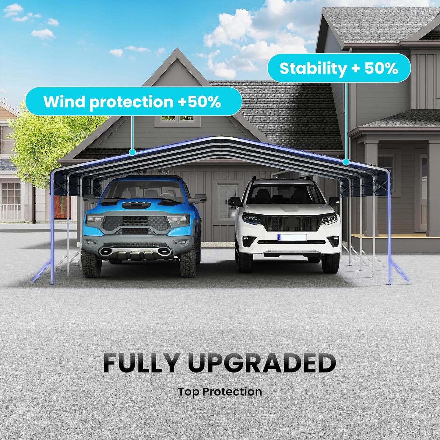 20x20ft Heavy Duty Metal Carport – Outdoor Galvanized Garage, Sturdy Structure, All-Weather Protection, Easy Assembly for Cars, Trucks, Boats, Tractors, and Outdoor Storage (Grey, 20x20FT)