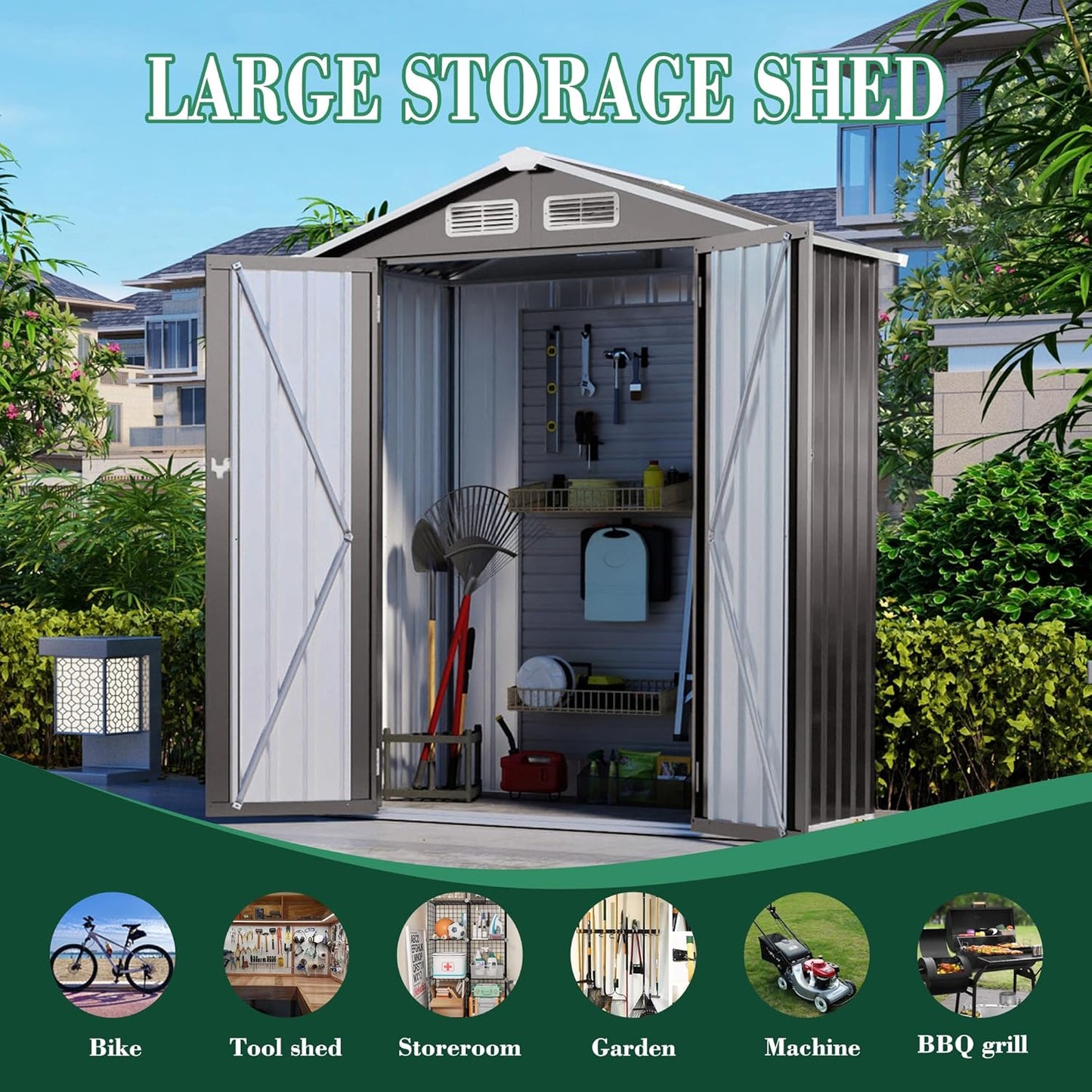 5x3x6FT Outdoor Storage Shed, Galvanized Steel Garden Shed with Lockable Door & Window, Waterproof Metal Tool Storage for Garden, Backyard, Patio, Lawn(Peak Roof)