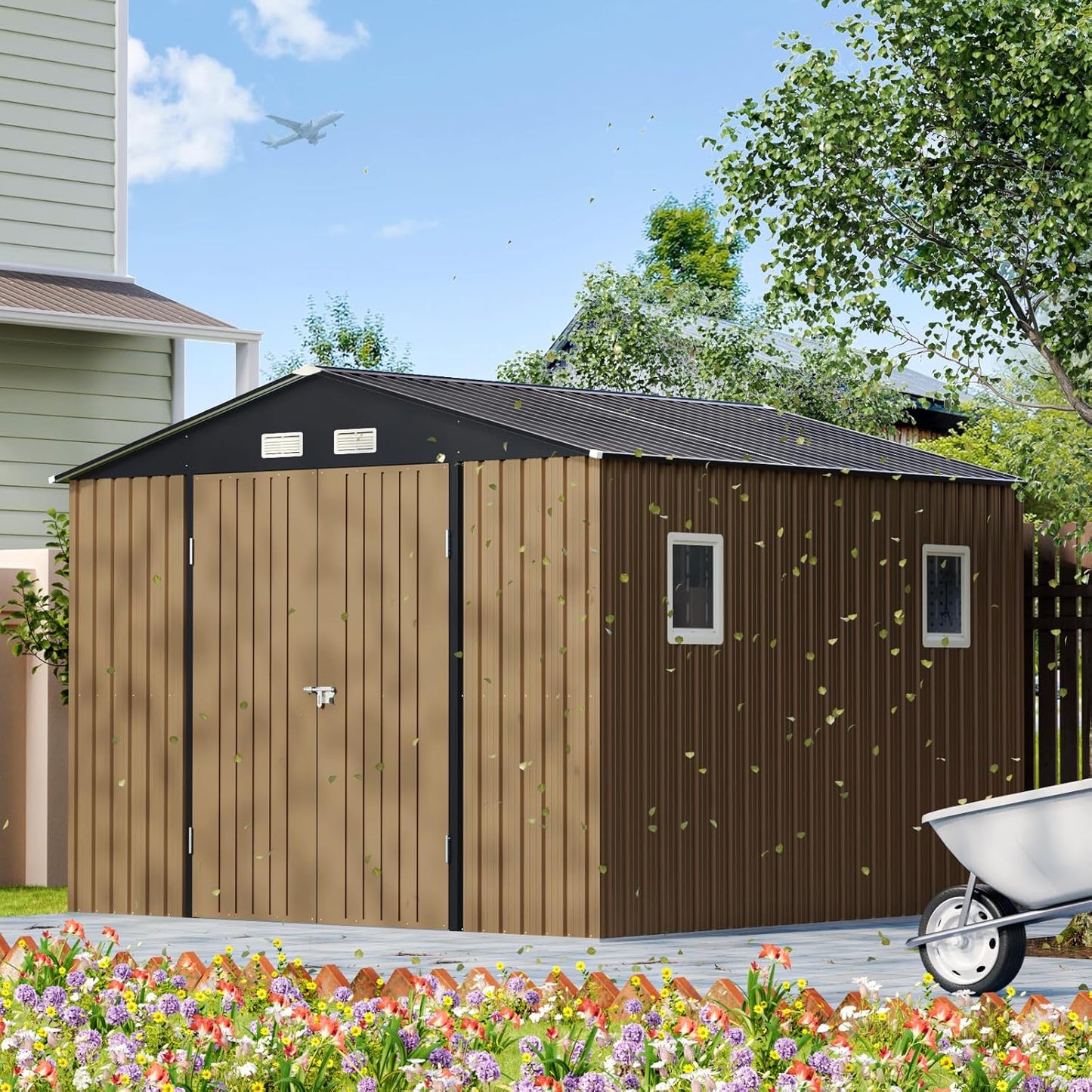 10X10X7.5 FT Outdoor Steel Storage Shed with Lockable Doors, 2 Windows, Metal Frame Floor (Wood Panels Not Included), Ideal for Backyard, Patio Storage,Chicken Coop, Brown