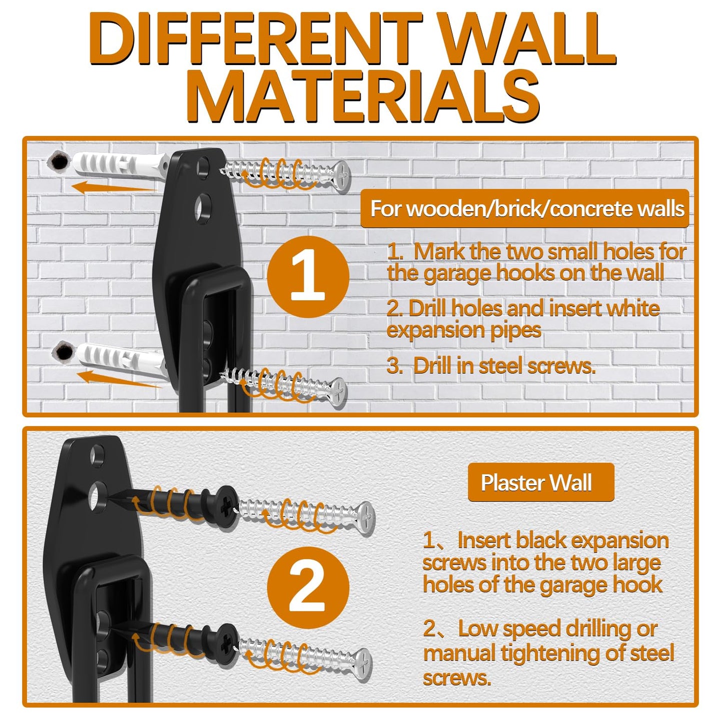 3-H Garage Wall Hooks 42 Pack, Heavy Duty Garage Hooks with Extra Welding Spots, Wall Mount Storage Organizer for Hanging Garden Lawn Tools, Ladder, Bike, WeedEater, Chair, Shovel, Blower (Orange)