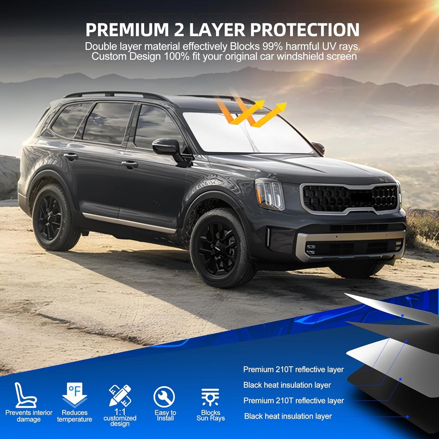 Windshield Sun Shade for Kia Telluride 2020-2025 Foldable Sunshade Custom Fit Front Window Car Interior Accessories Protector Blocks UV Rays