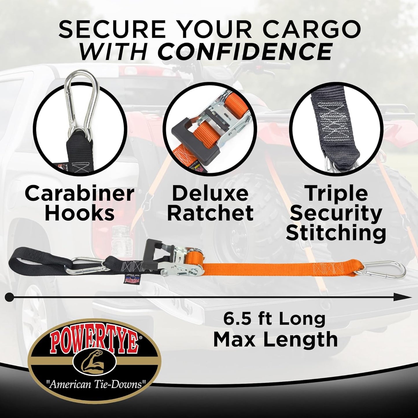 PowerTye - Made in USA - Heavy Duty Ratchet Tie Down Straps with Carabiner Hooks & Sewn-in Soft-Tye, for Motorcycle, ATV, Trailer & Cargo, 1,000 lb WLL, 1.5 inch x 6.5ft Long, Silver/Black (Pair)