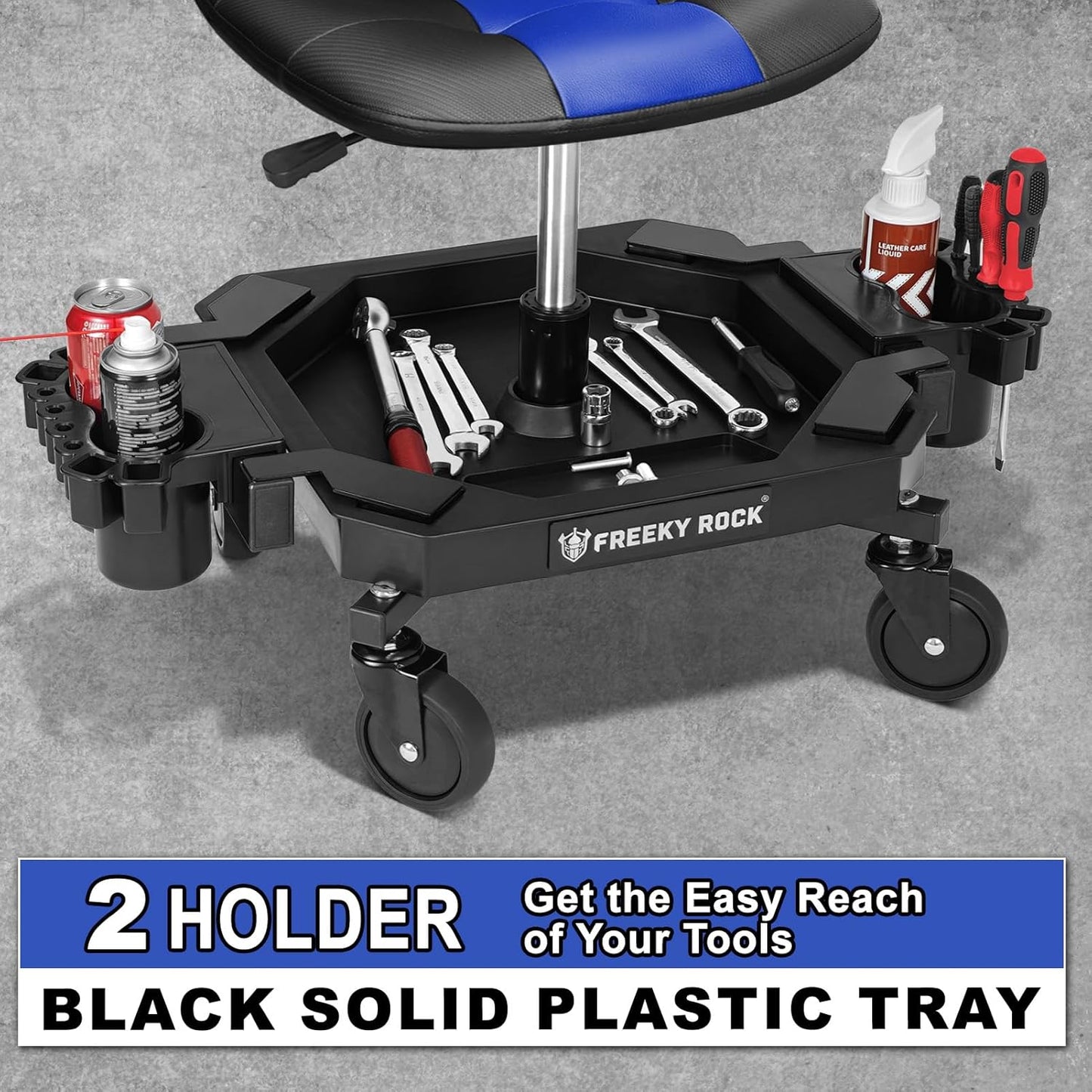 Rolling Stool with Wheels, Adjustable Height Pneumatic Garage Work Mechanic Stool Seat with Backrest, 400 LBS Capacity 360° Swivel Mechanic Crepper Chair with Tool Tray Storage, Blue