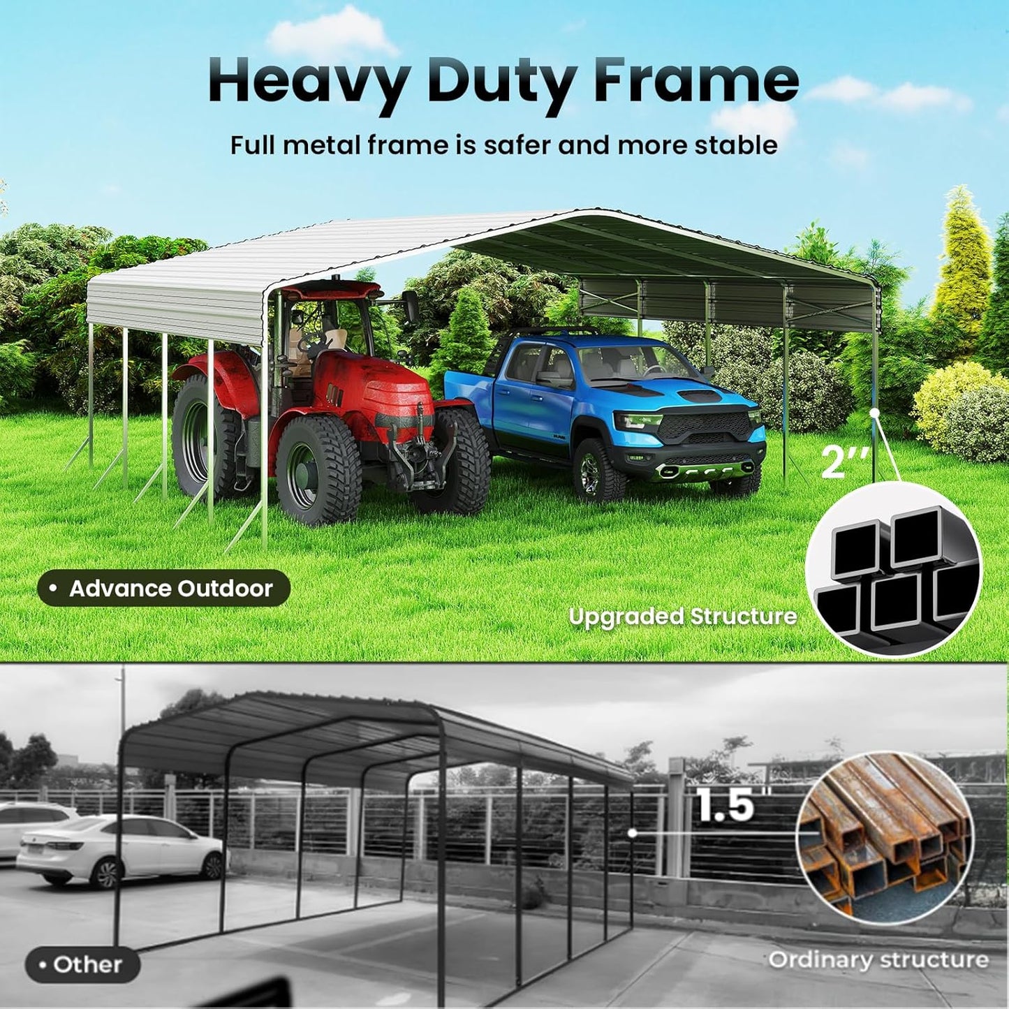 20x20ft Heavy Duty Metal Carport – Outdoor Galvanized Garage, Sturdy Structure, All-Weather Protection, Easy Assembly for Cars, Trucks, Boats, Tractors, and Outdoor Storage (White, 20x20FT)