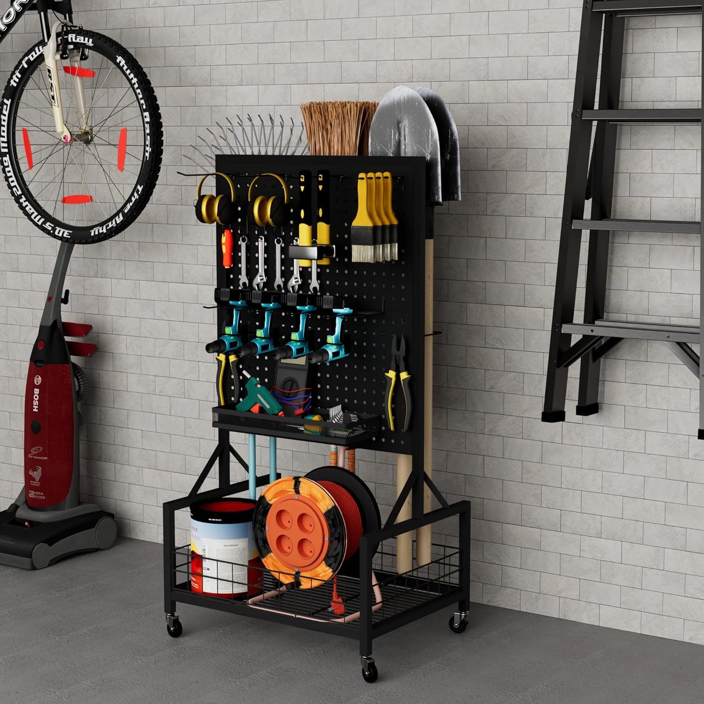 All-in-One Garage Storage Cart with Locking Wheels – Heavy-Duty Tool Organizer with Rack, Pegboard & Hooks & Accessories – Ideal for Garage, Garden, Yard – Utility Cart with Versatile Storage