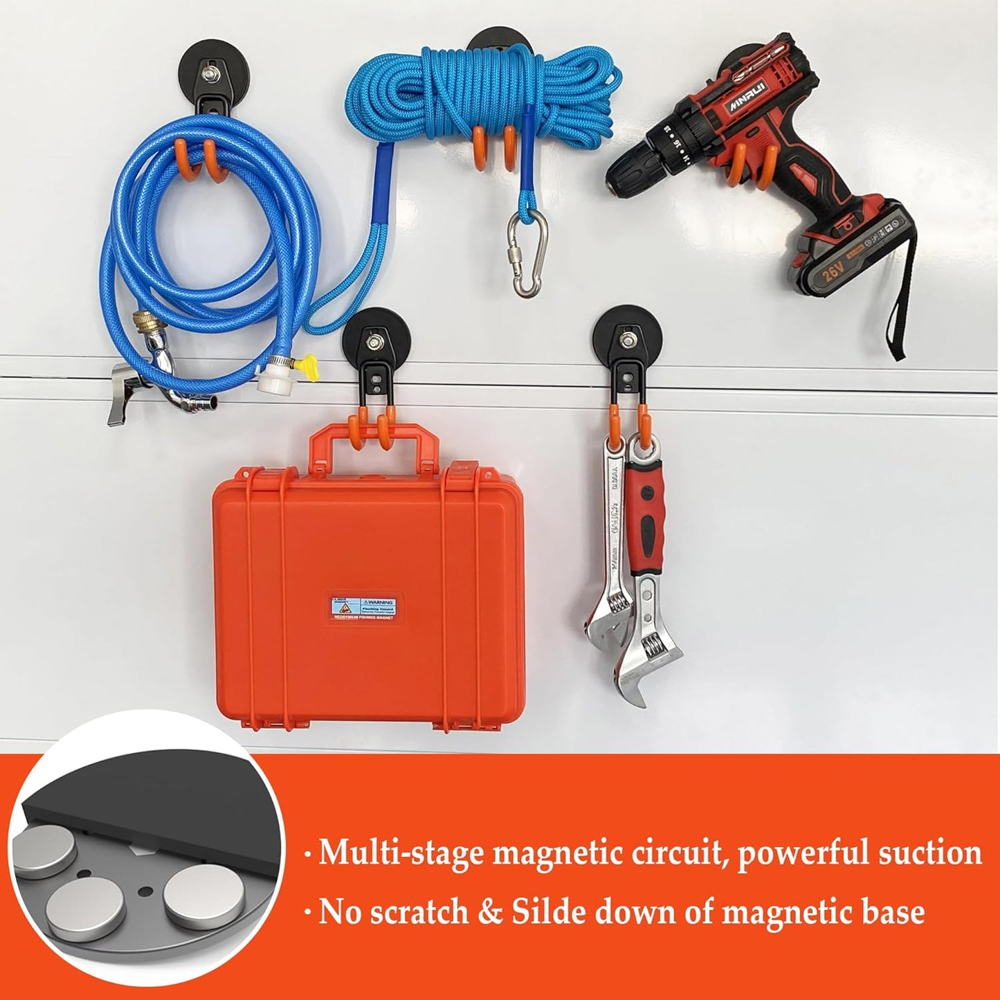 ULIBERMAGNET Garage Strong Magnetic Hooks, 4 Pack Heavy Duty Large J Hooks with Magnet, Anti-Slip Coating Magnet Hooks for Garden Tools, Ropes,Drill,Magnetic Double Hooks for Metal Cabinet,Pegboard