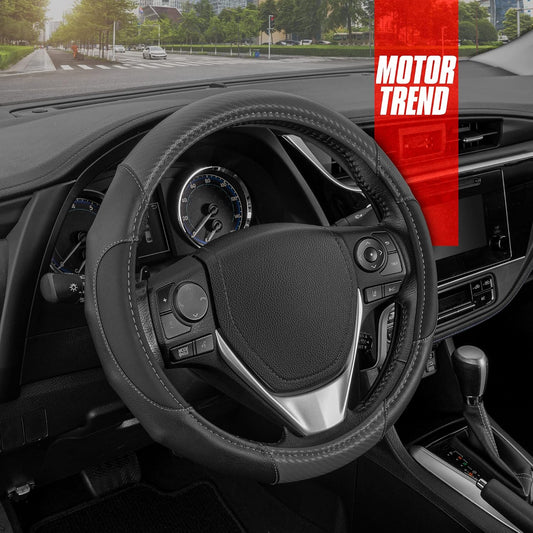 Motor Trend GripDrive Carbon Fiber Steering Wheel Cover, Non-Slip Sporty Racing Faux Leather Ergonomic Comfortable Handle, Steering Wheel Cover for Cars Trucks Vans SUV - Fits Standard 15 Inch - Gray