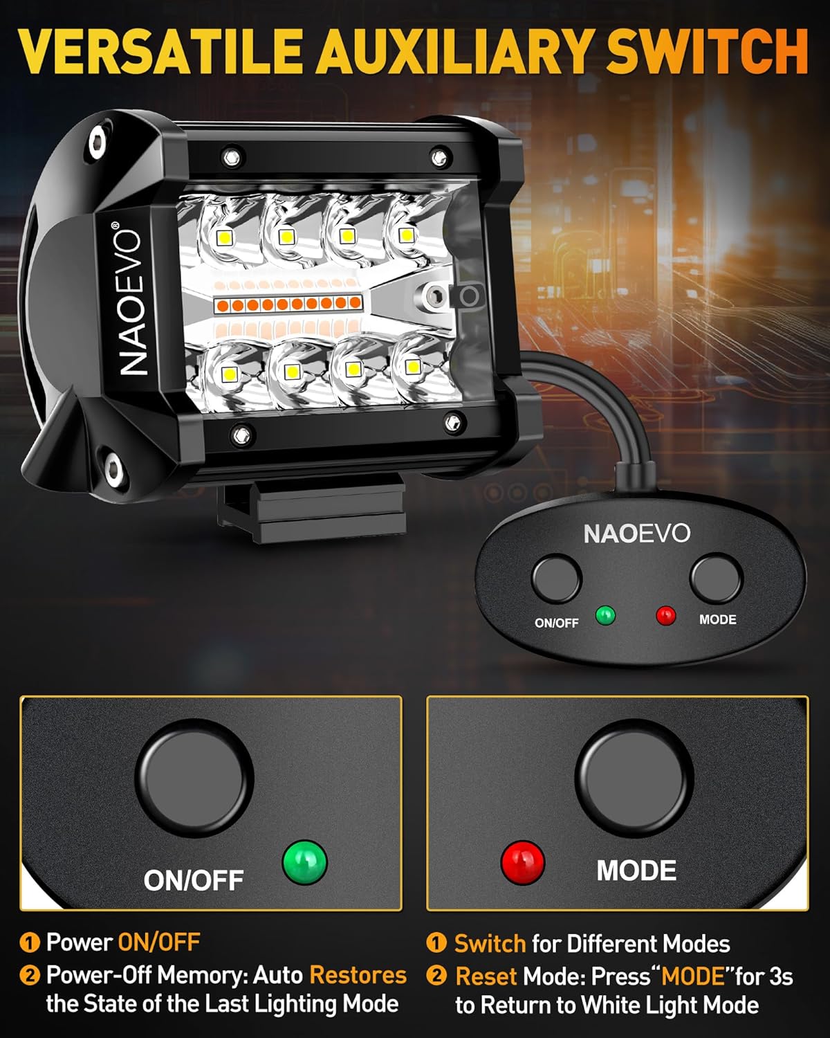 NAOEVO 4 Inch LED Pod Lights, White Amber LED Fog/Driving/Offroad Lights Strobe/Memory Mode and 2 Leads Wiring Harness, Cube Pods for Truck Boat ATV UTV, 2 Pcs (6 Modes)