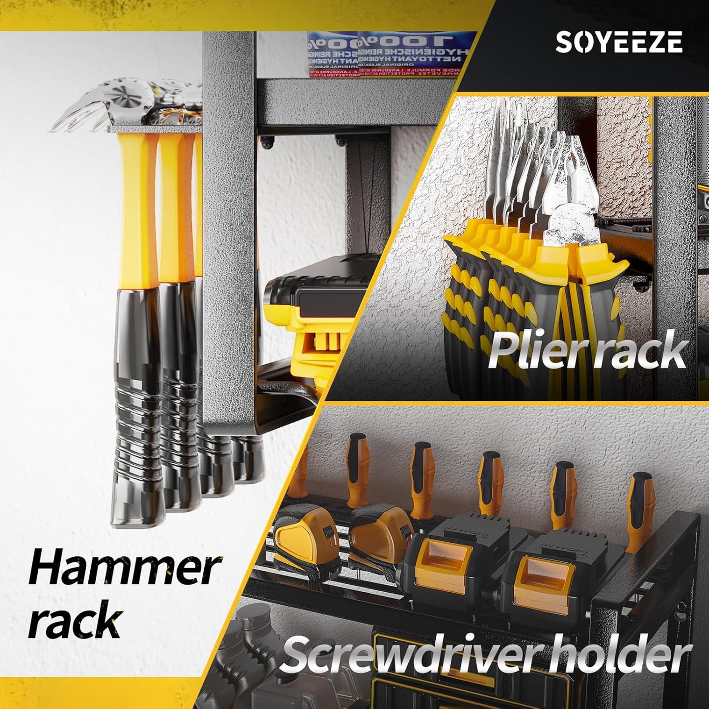 SOYEEZE Power Tool Organizer - 8 Drill & Screwdriver Wall Mount, 3 Layer Storage Rack with Hammer & Plier Holder