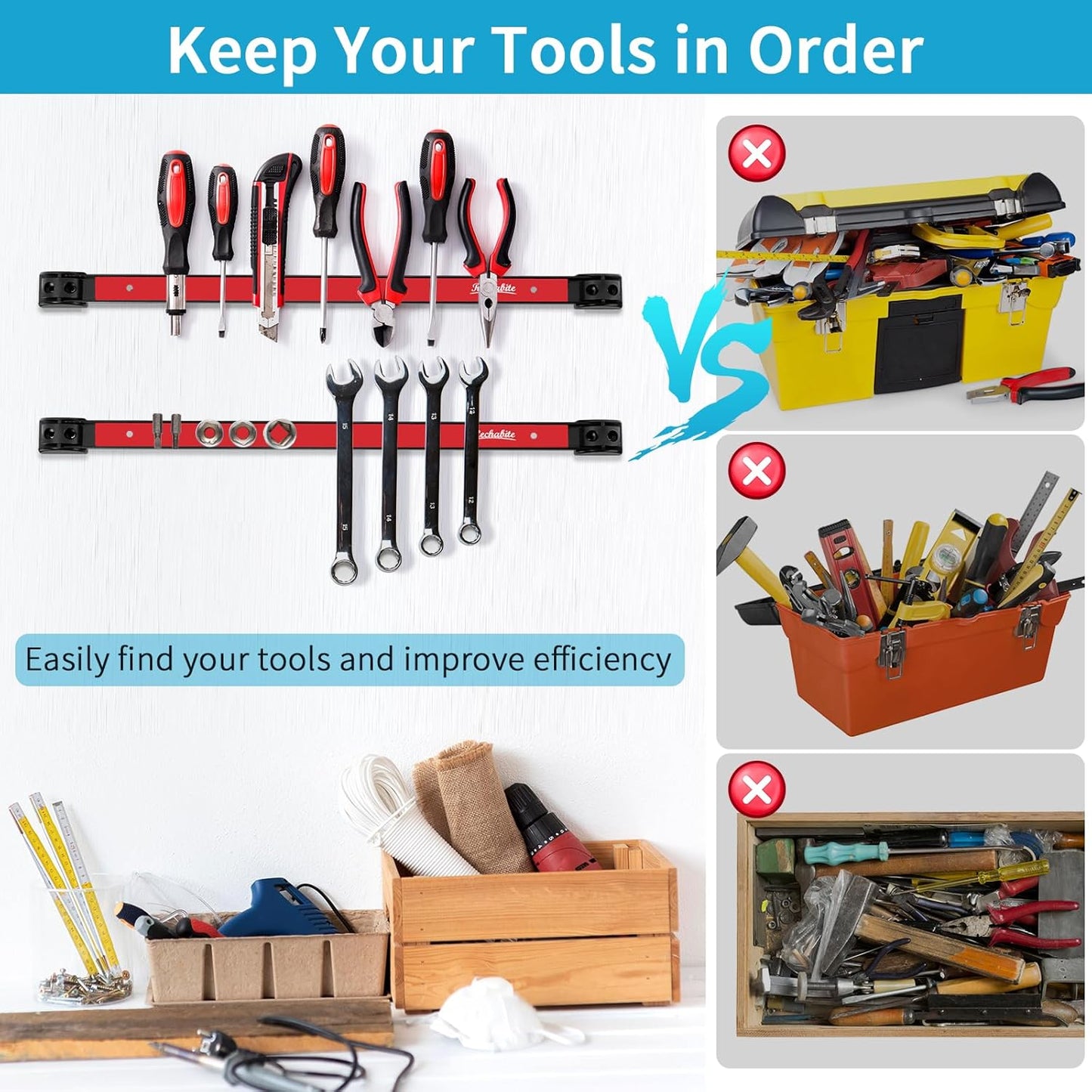 6 Pieces 12" Magnetic Tool Holder Strip, Red Magnet Bar, Metal Tool Organizer Rack for Garage Organization, Easy To Install in Workshop, Mounting Screws Included