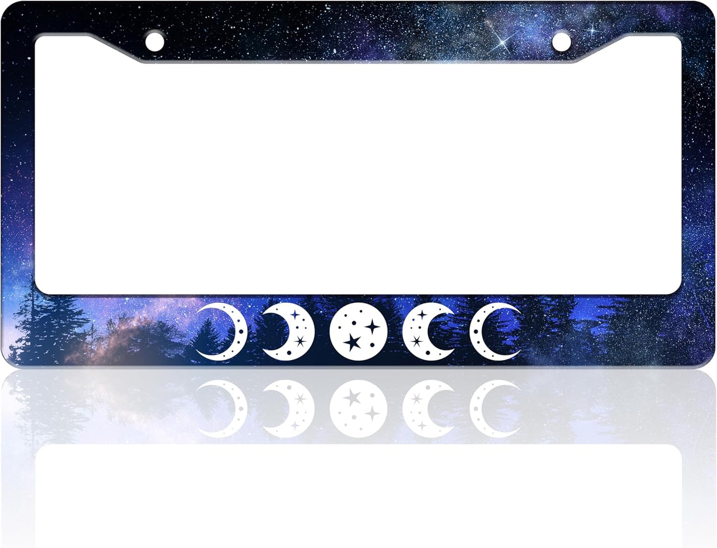 Moon Phases License Plate Frame Starry Sky Forest Moon License Plate Holder for Front or Rear Car Tags Stainless Steel Funny Car Decoration with Screws 6.3 X 12.2 in
